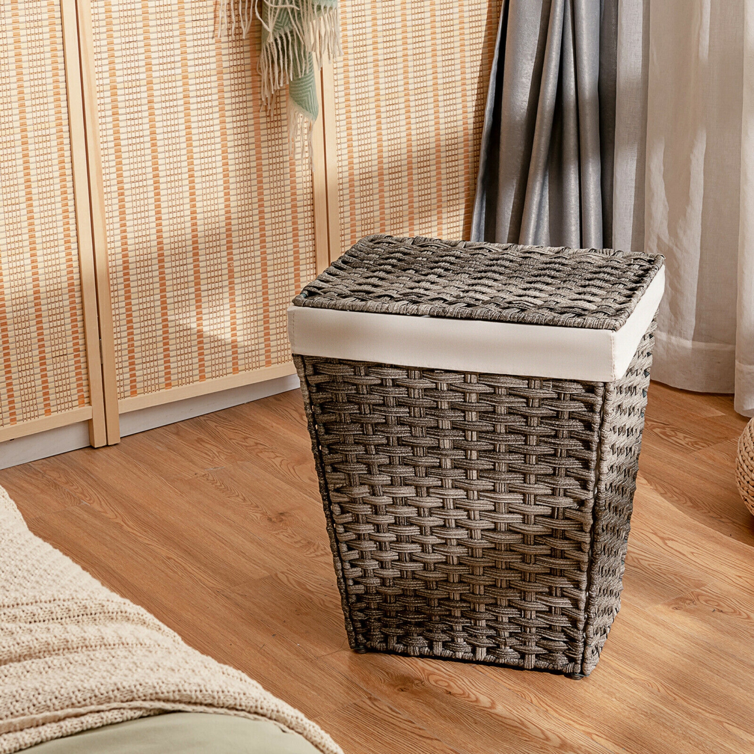 Gymax Handwoven Laundry Hamper Foldable w/Removable Liner, Lid & Handles