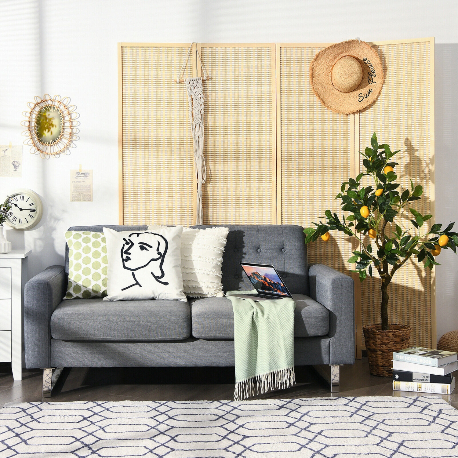 Gymax - Cloison Diviseur de Pièce à 4 Panneaux Rabattable & Portable