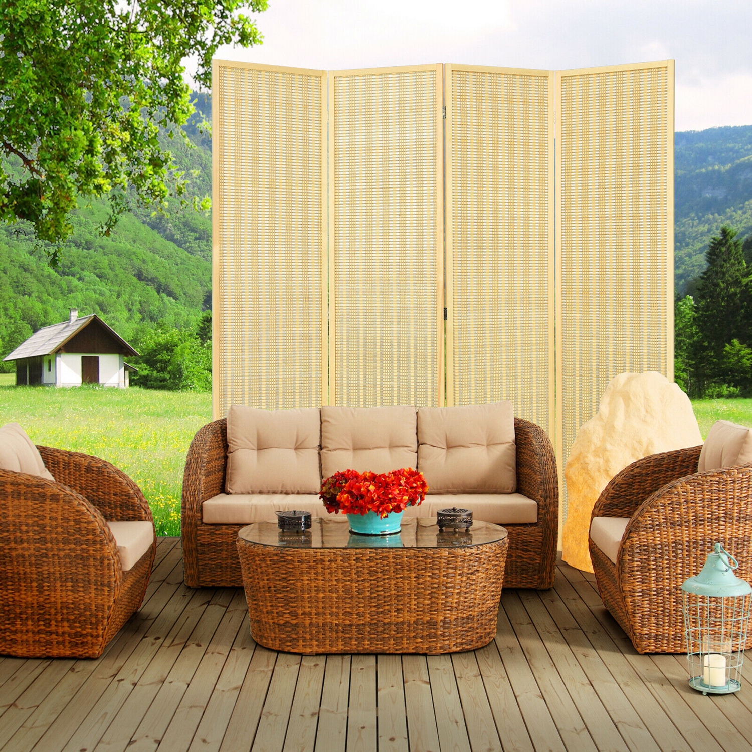 Gymax - Cloison Diviseur de Pièce à 4 Panneaux Rabattable & Portable