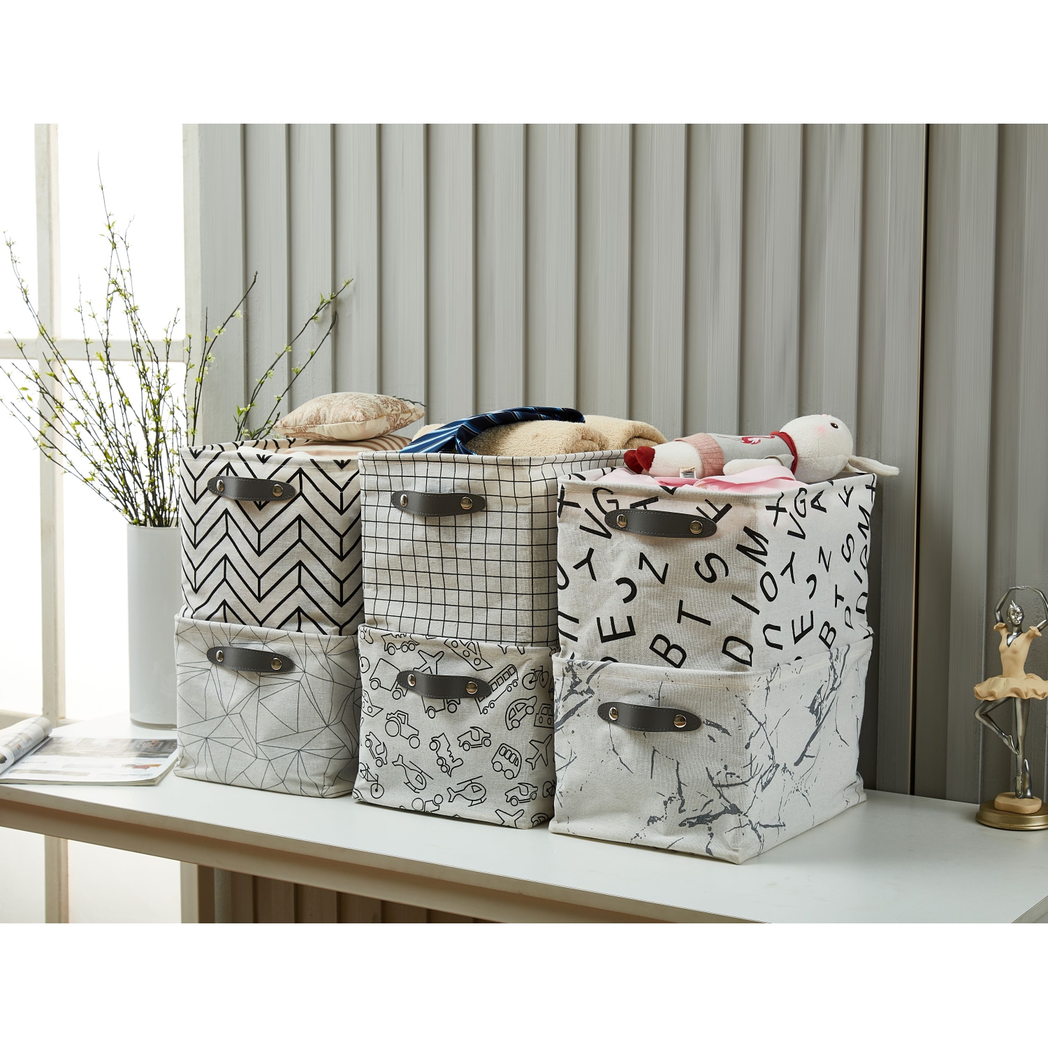 DECOMOMO Storage Baskets, Water-Resistant Toy Storage Bin, Storage Bins for Shelves, Large - 15 x 11 x 9.5" | Patterned and White - 6 Pack