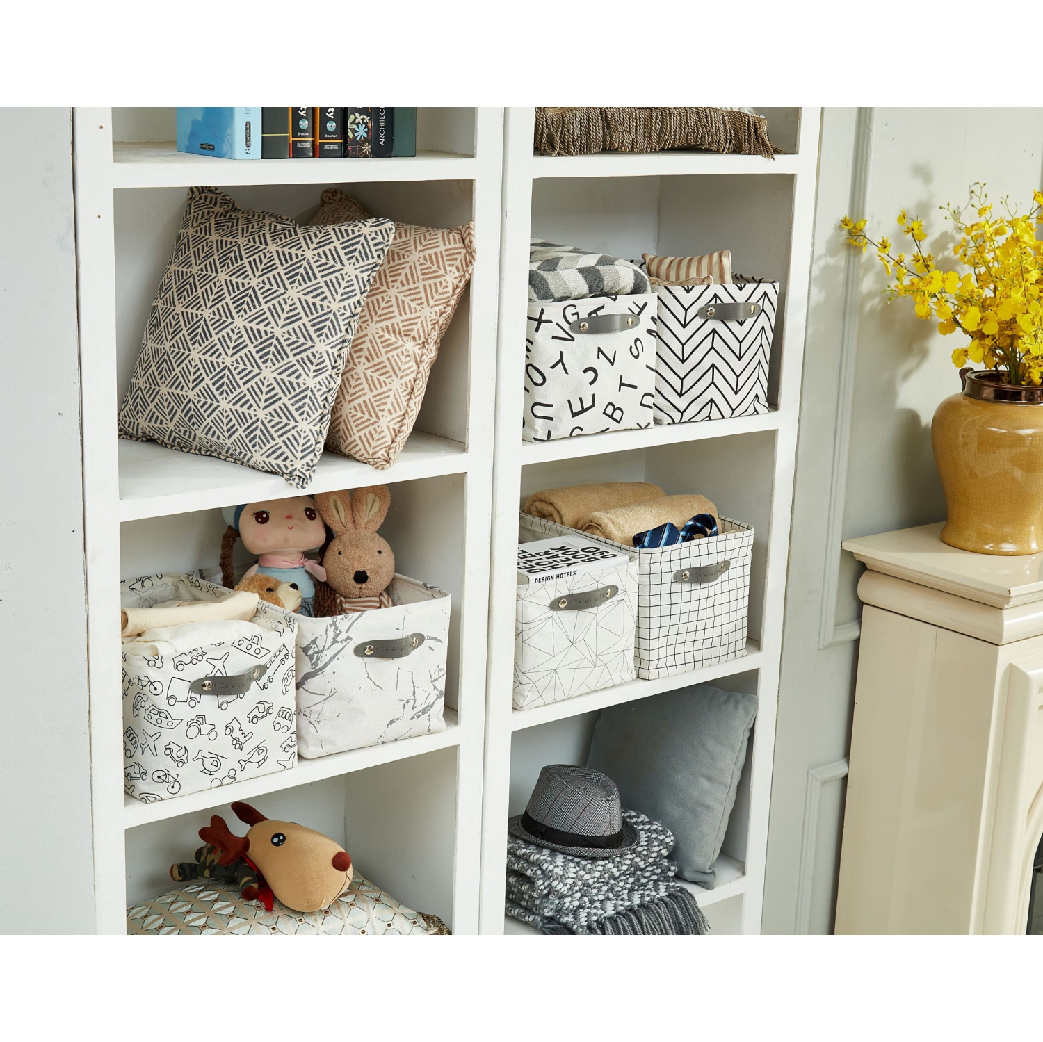 DECOMOMO Storage Baskets, Water-Resistant Toy Storage Bin, Storage Bins for Shelves, Large - 15 x 11 x 9.5" | Patterned and White - 6 Pack