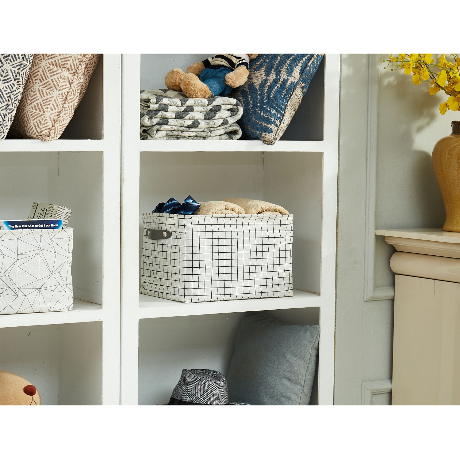 DECOMOMO Storage Baskets, Water-Resistant Toy Storage Bin, Storage Bins for Shelves, Large - 15 x 11 x 9.5" | Patterned and White - 6 Pack