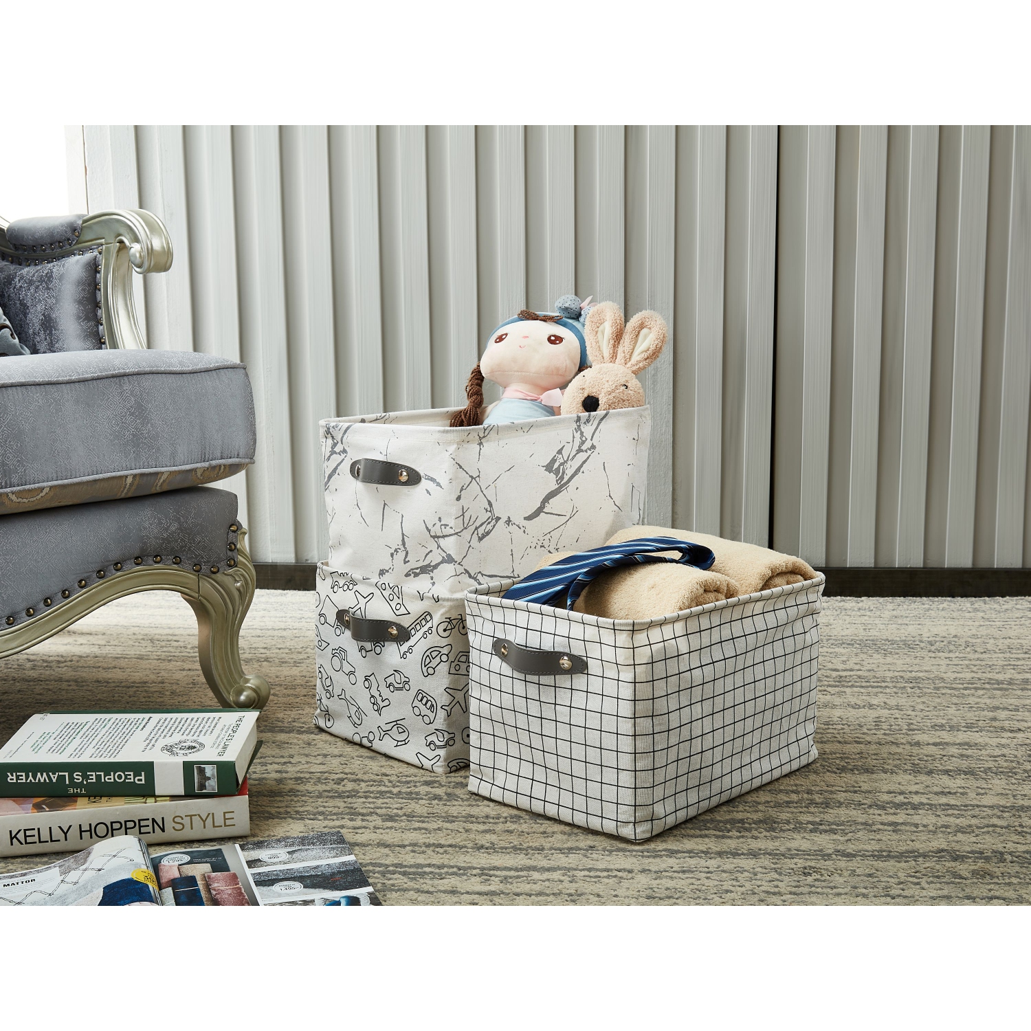 DECOMOMO Storage Baskets, Water-Resistant Toy Storage Bin, Storage Bins for Shelves, Large - 15 x 11 x 9.5" | Patterned and White - 6 Pack