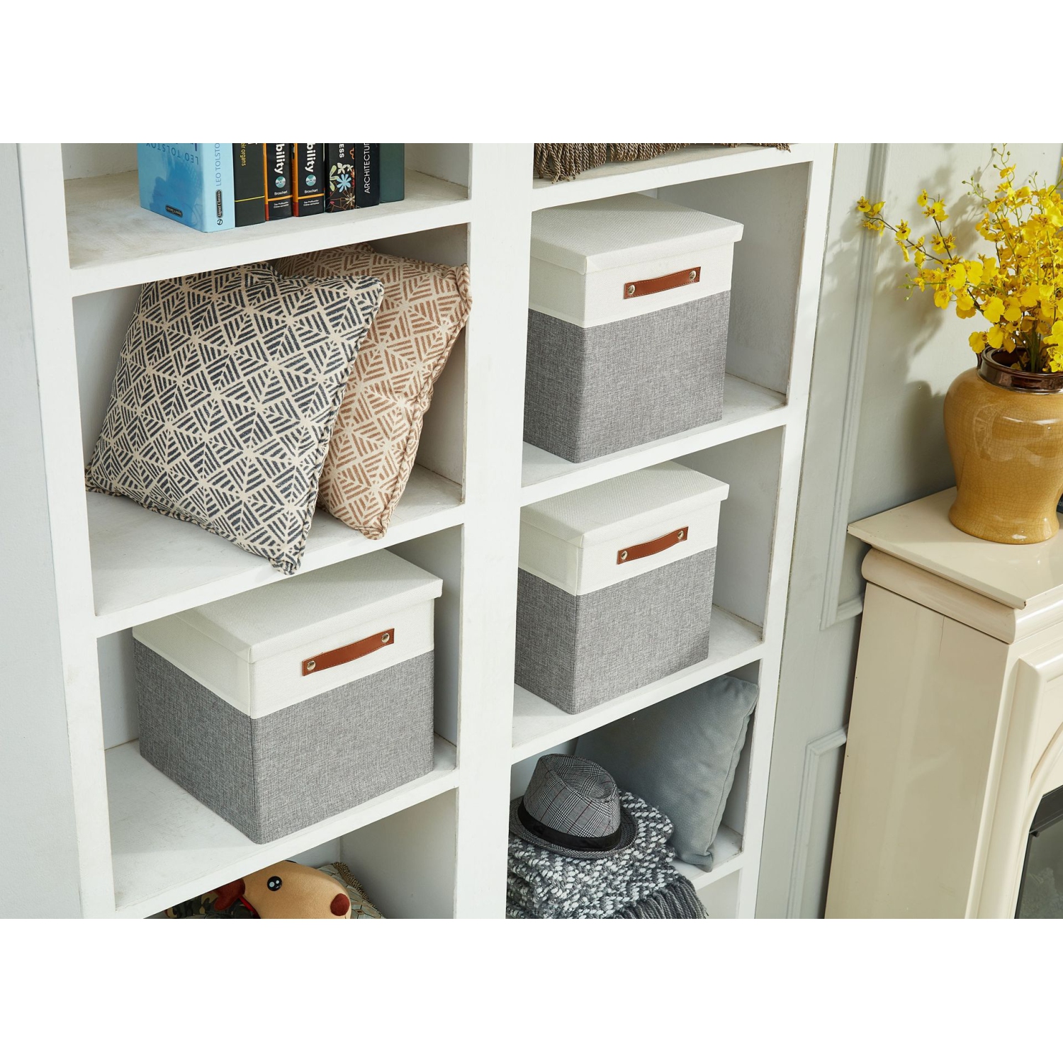 DECOMOMO bac de rangement pliable avec couvercle | Cube - 13 x 13 x 13 "| Gris et blanc - paquet de 3