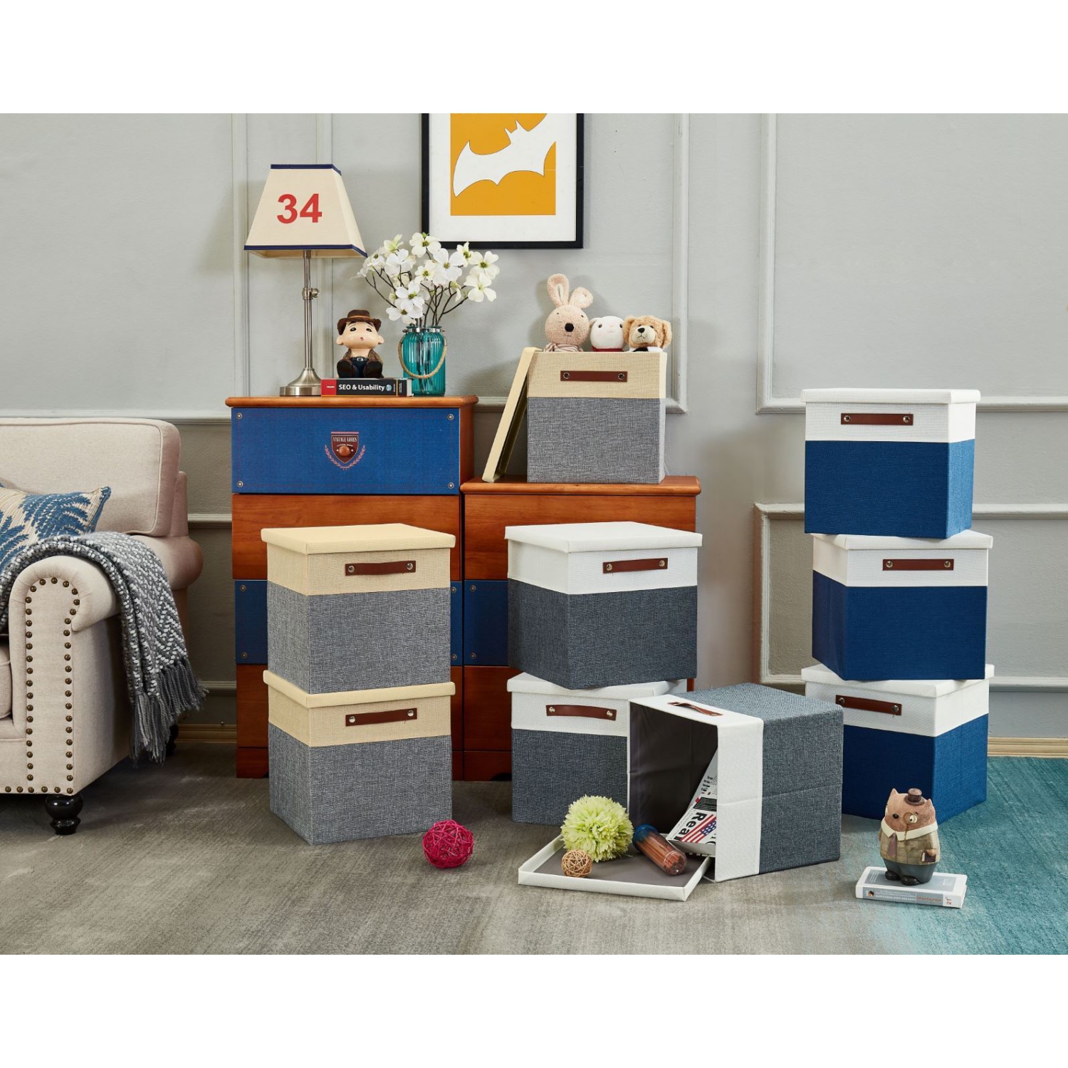 DECOMOMO bac de rangement pliable avec couvercle | Cube - 13 x 13 x 13 "| Gris et blanc - paquet de 3