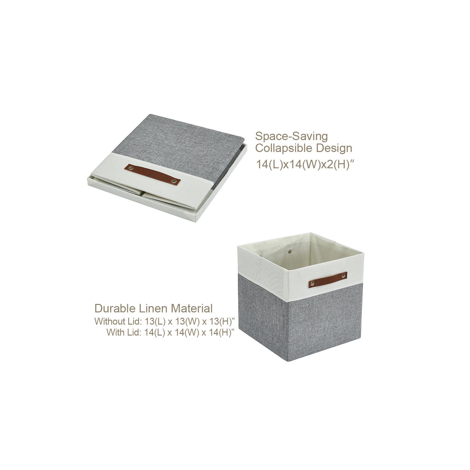 DECOMOMO bac de rangement pliable avec couvercle | Cube - 13 x 13 x 13 "| Gris et blanc - paquet de 3