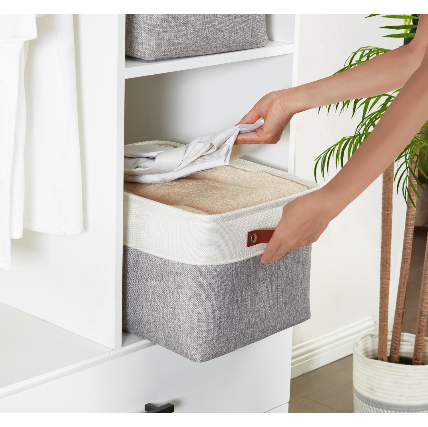 DECOMOMO Boîte de rangement Fordable | Grand - 15 x 11 x 9,5 "| Gris et blanc - 3 paquets