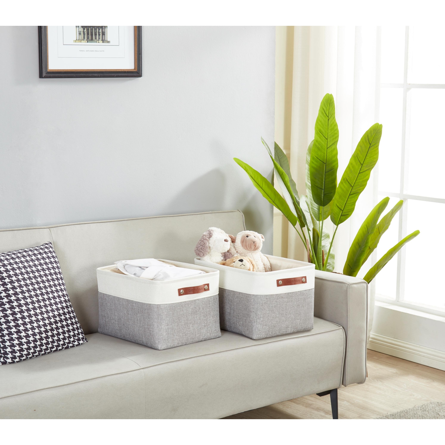 DECOMOMO Boîte de rangement Fordable | Grand - 15 x 11 x 9,5 "| Gris et blanc - 3 paquets