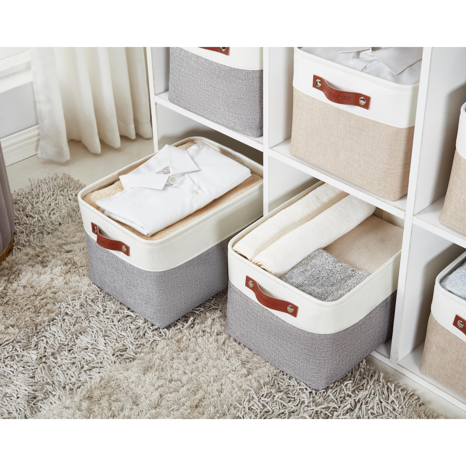 DECOMOMO Boîte de rangement Fordable | Grand - 15 x 11 x 9,5 "| Gris et blanc - 3 paquets