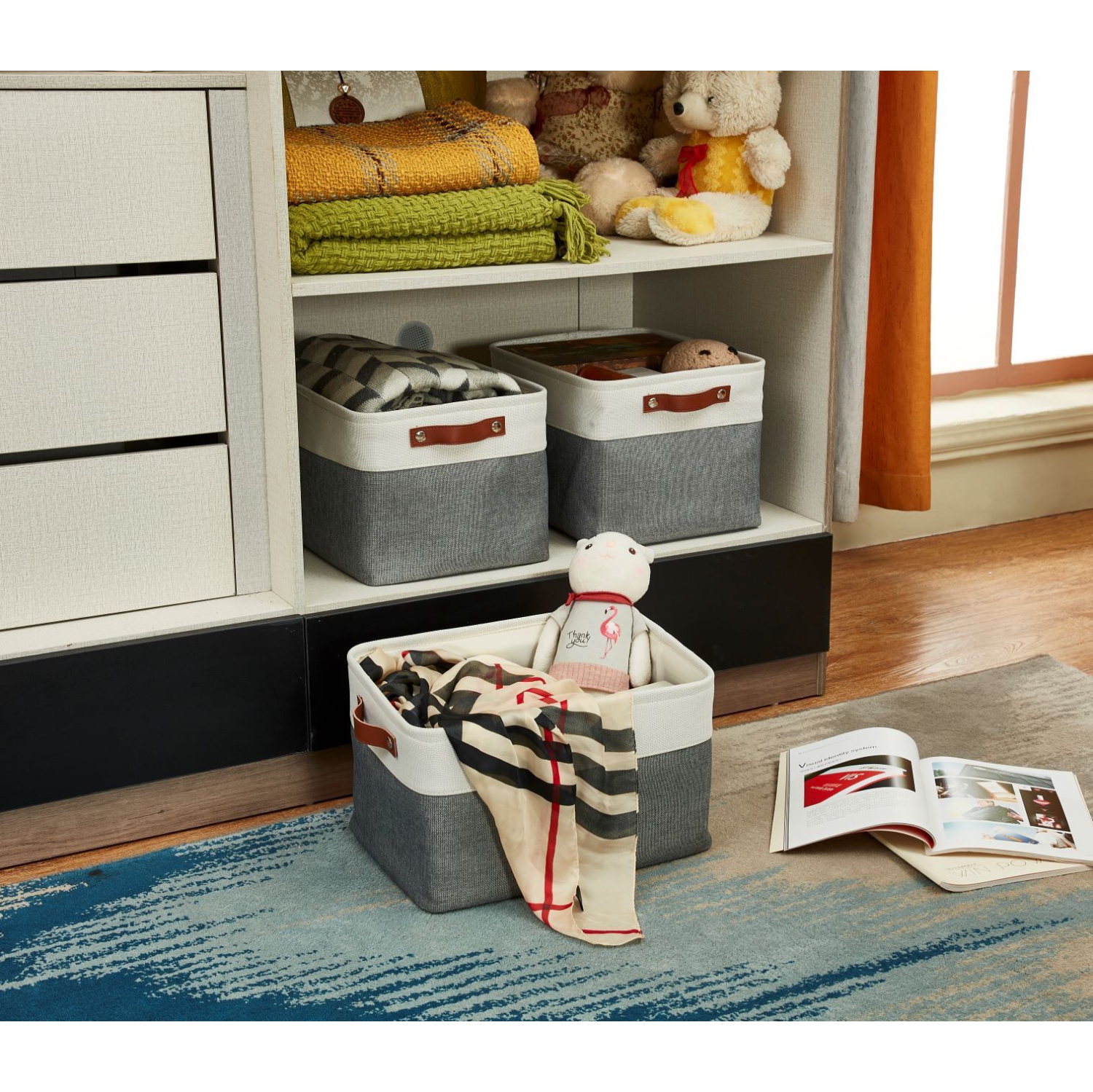 DECOMOMO Fordable Storage Bin - Collapsible Sturdy Cationic Fabric Basket W/Handles for Organizing Shelf Nursery Home Closet | Large - 15 x 11 x 9.5"