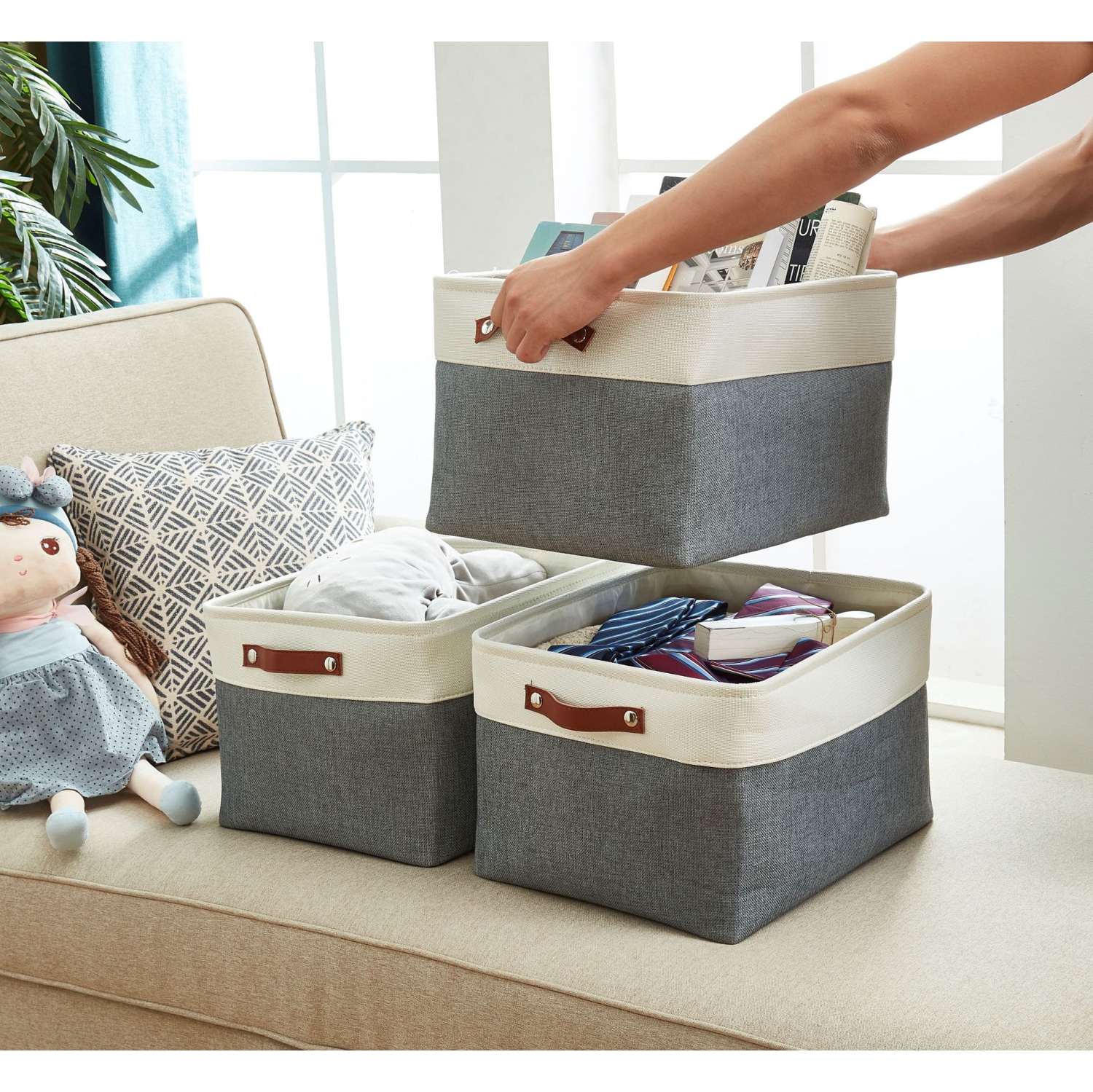 DECOMOMO 6-Pack Fabric Storage Bins - Large, Slate Grey & White, With MDF Bottom & Handles For Shelves & Closets