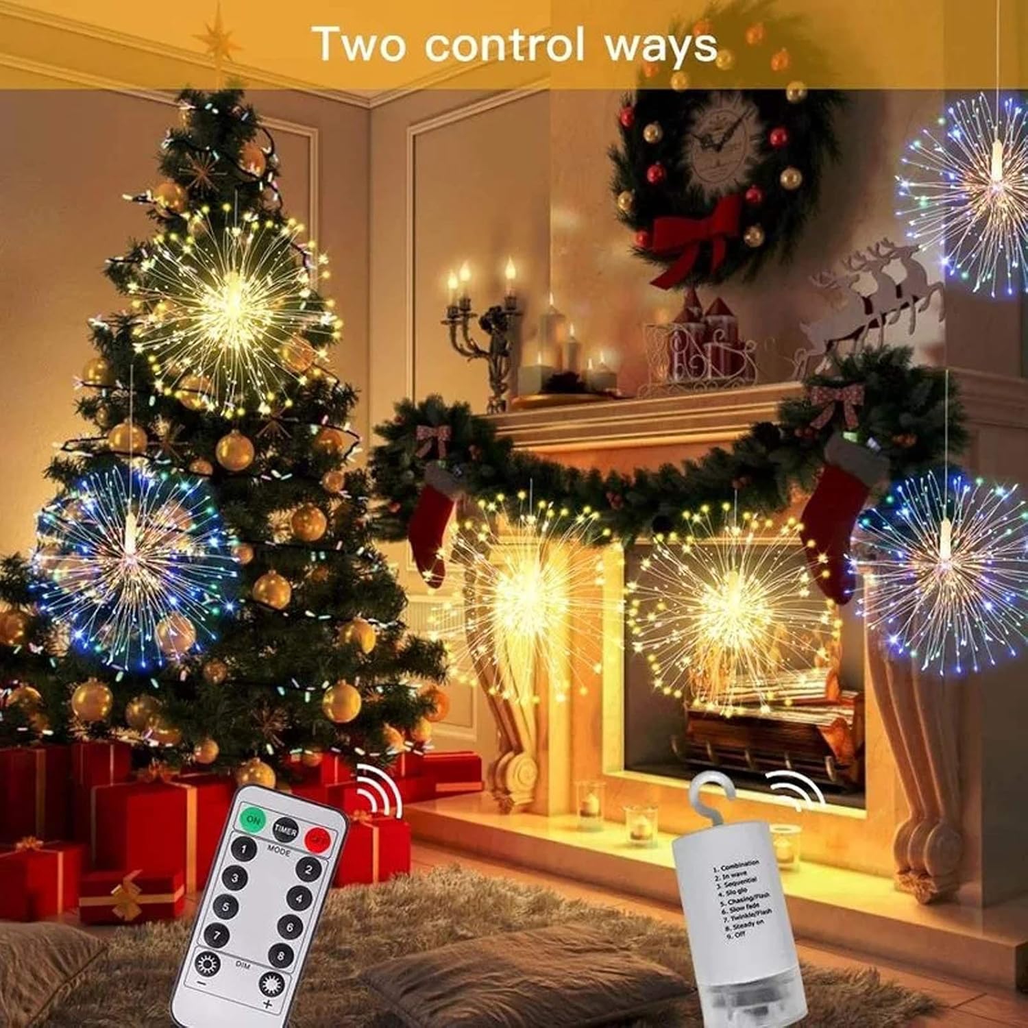 2 Pack Firework Lights, 120 LED Starburst Lights, Outdoor Garden Lighting, Christmas String Lights Waterproof 8 Modes Battery Powered with Remote