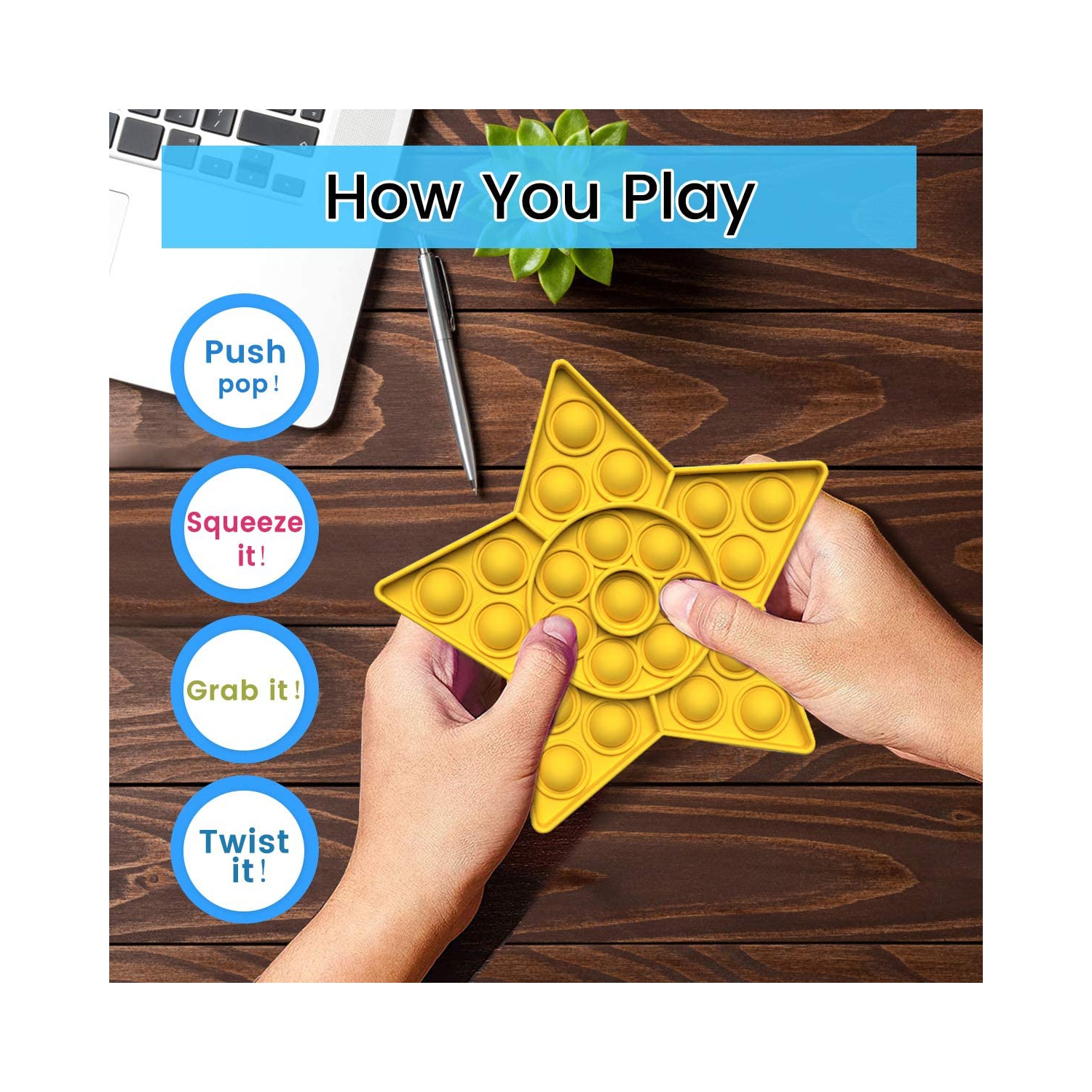 Yellow Star Push Pop Bubble Fidget Toy [Sensory Kids Adults Anxiety Stress Relief]