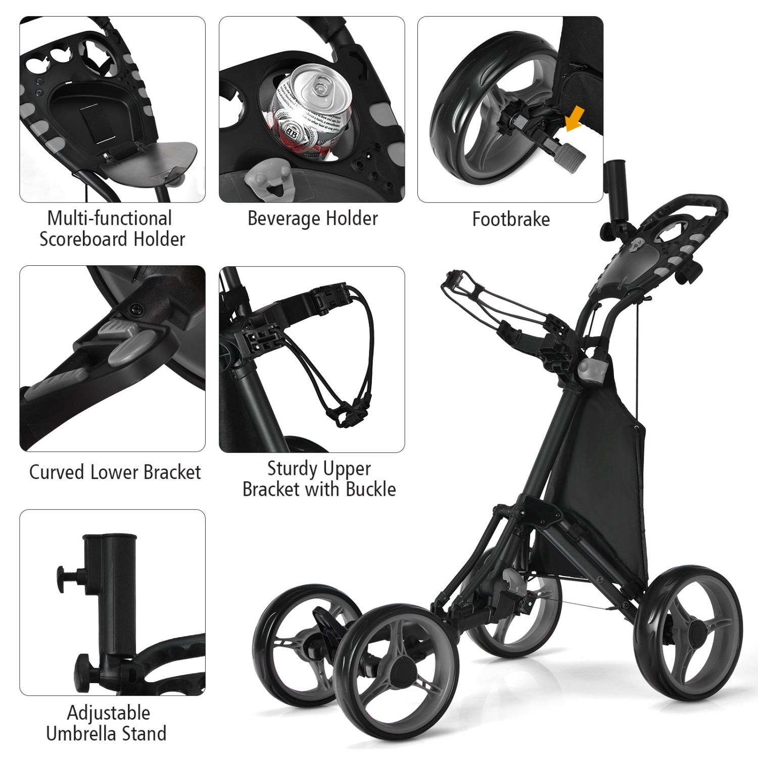 Goplus Folding 4 Wheels Golf Push Cart W/Bag Scoreboard Adjustable Handle