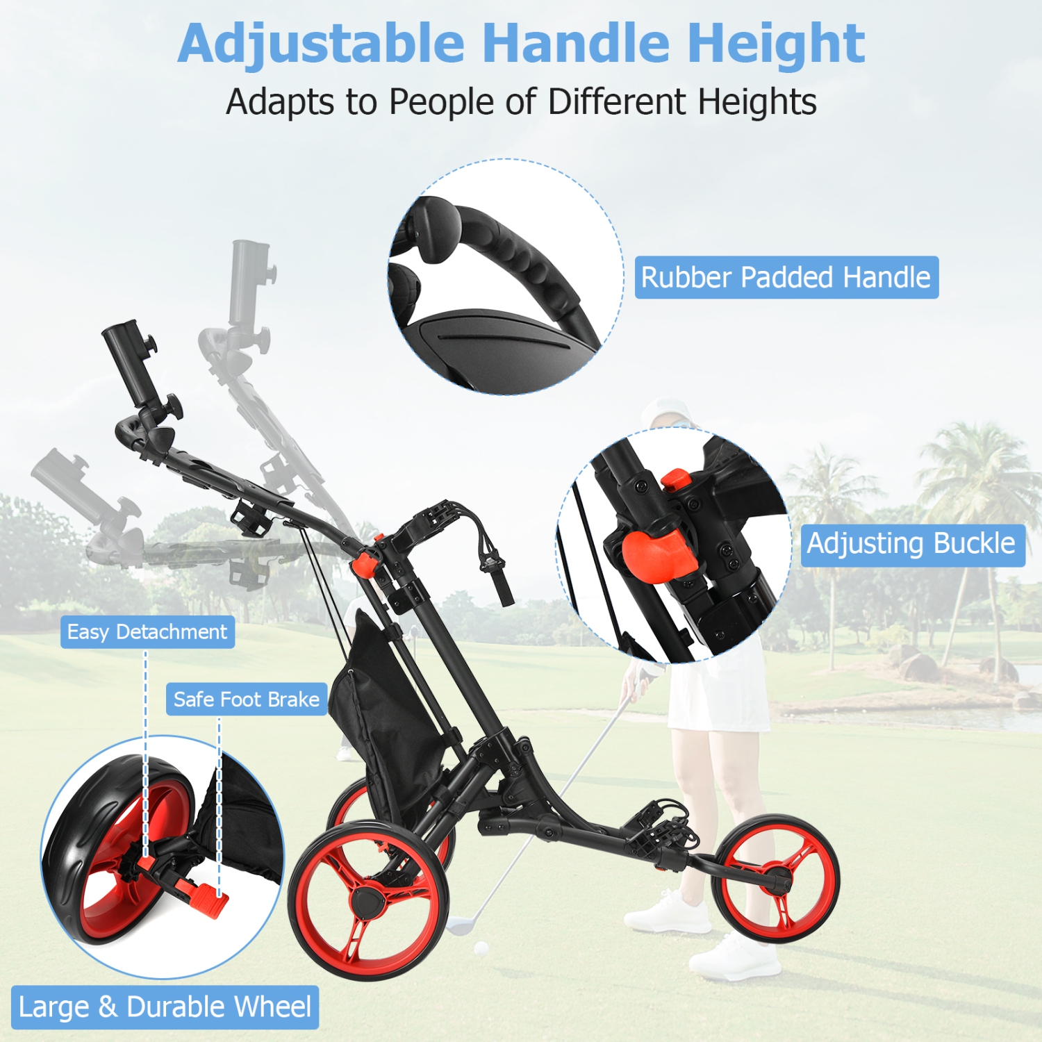 Goplus Folding 3 Wheels Golf Push Cart W/Bag Scoreboard Adjustable Handle
