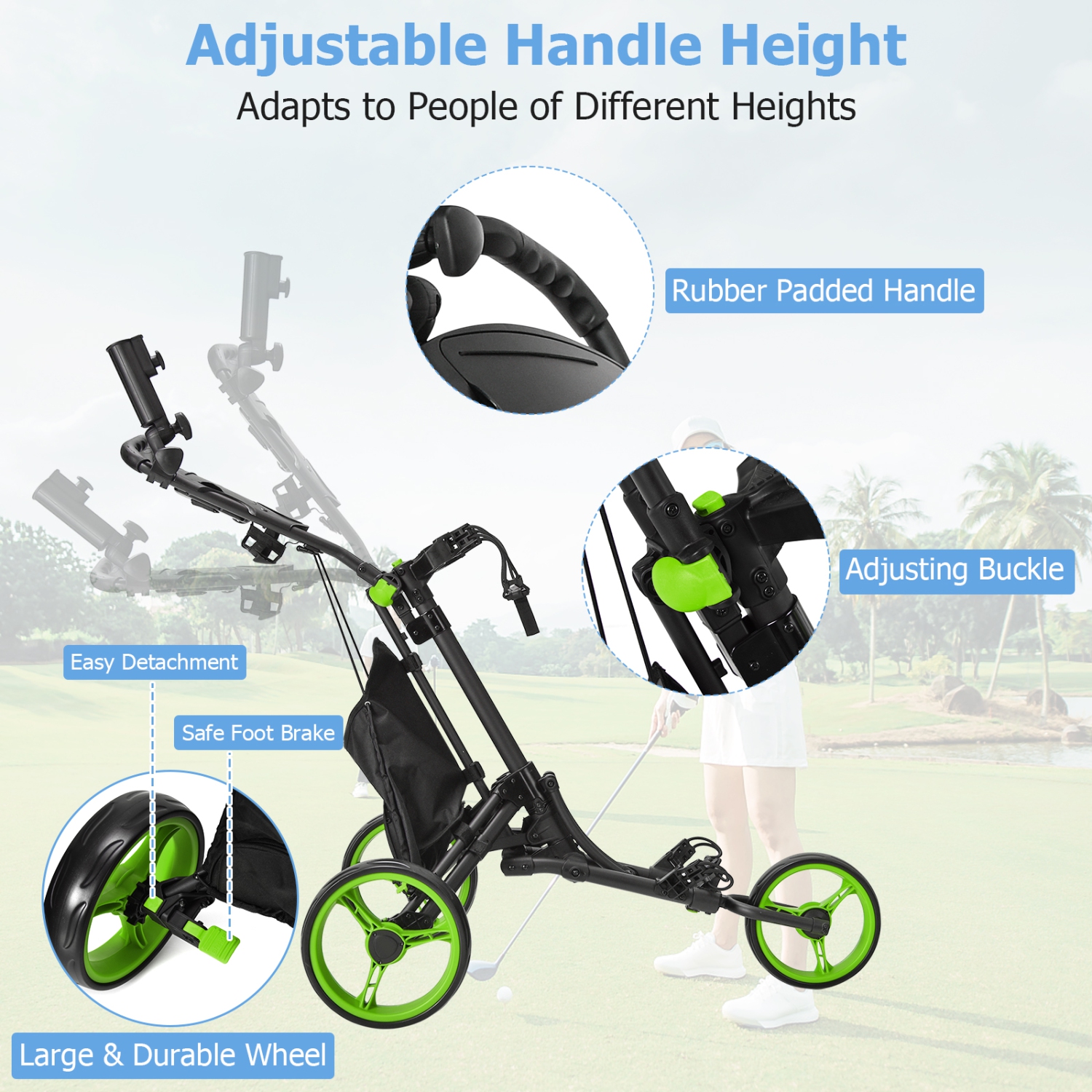 Goplus Folding 3 Wheels Golf Push Cart W/Bag Scoreboard Adjustable Handle