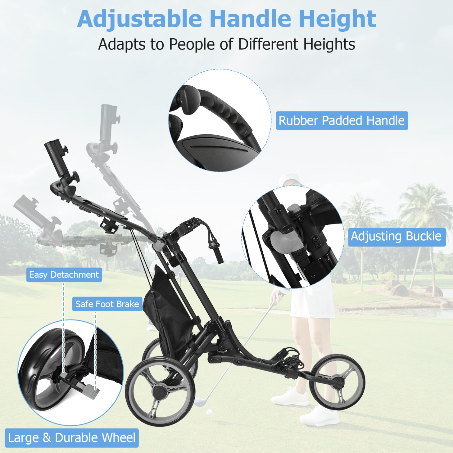 Goplus Folding 3 Wheels Golf Push Cart W/Bag Scoreboard Adjustable Handle