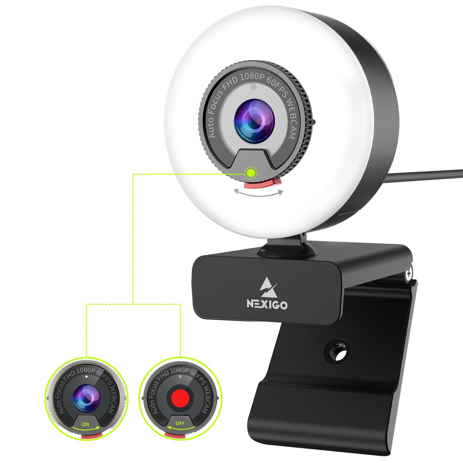 NexiGo N960E 60FPS AutoFocus Webcam with Ring Light and Privacy Cover