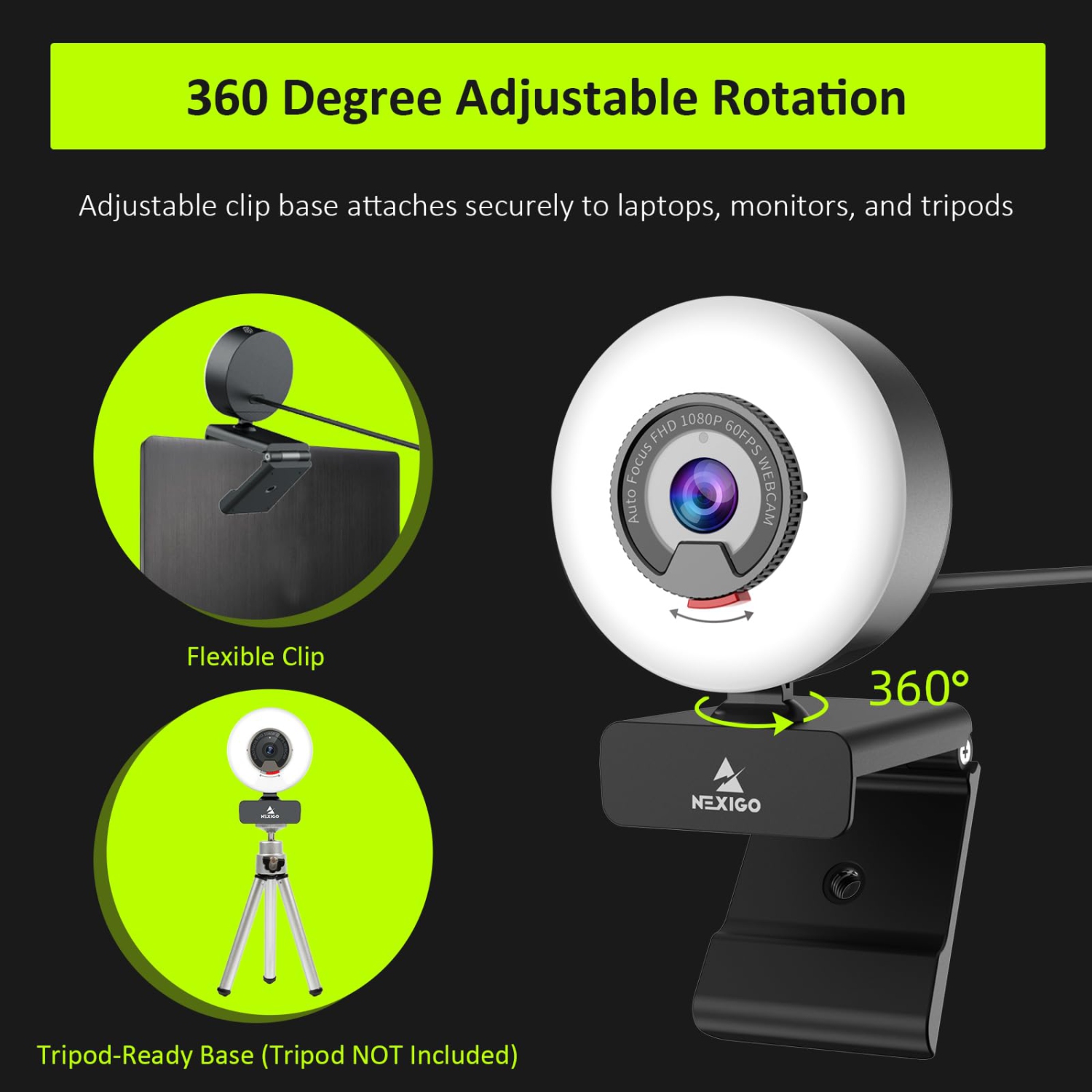 NexiGo N960E 60FPS AutoFocus Webcam with Ring Light and Privacy Cover