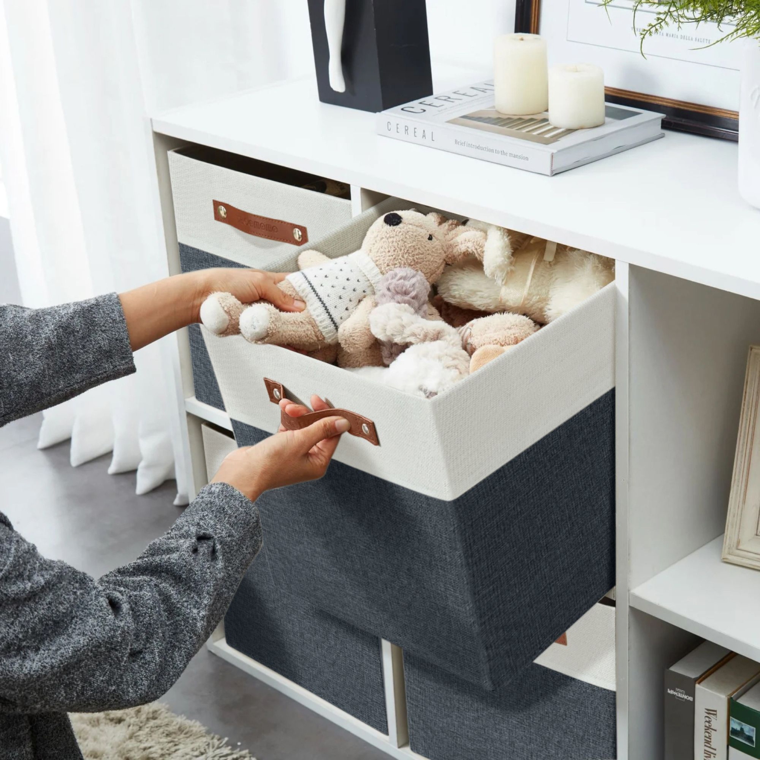 Bac de rangement pliable DECOMOMO [4-Pack] Panier de rangement pliable en tissu robuste et pliable avec poignées pour organiser la chambre de bébé