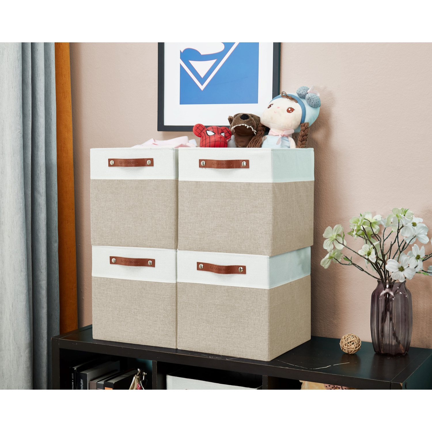 Bac de rangement pliable DECOMOMO [4-Pack] Panier de rangement pliable en tissu robuste et pliable avec poignées pour organiser la chambre de bébé