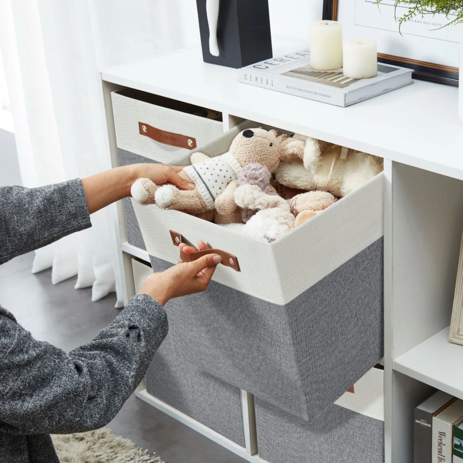 Bac de rangement pliable DECOMOMO [4-Pack] Panier de rangement pliable en tissu robuste et pliable avec poignées pour organiser la chambre de bébé