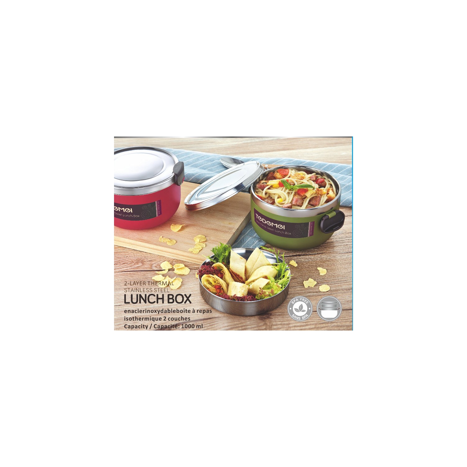 Sunwealth 1000ml Thermal 2 Layers Stainless Steel Lunch Box - GREEN