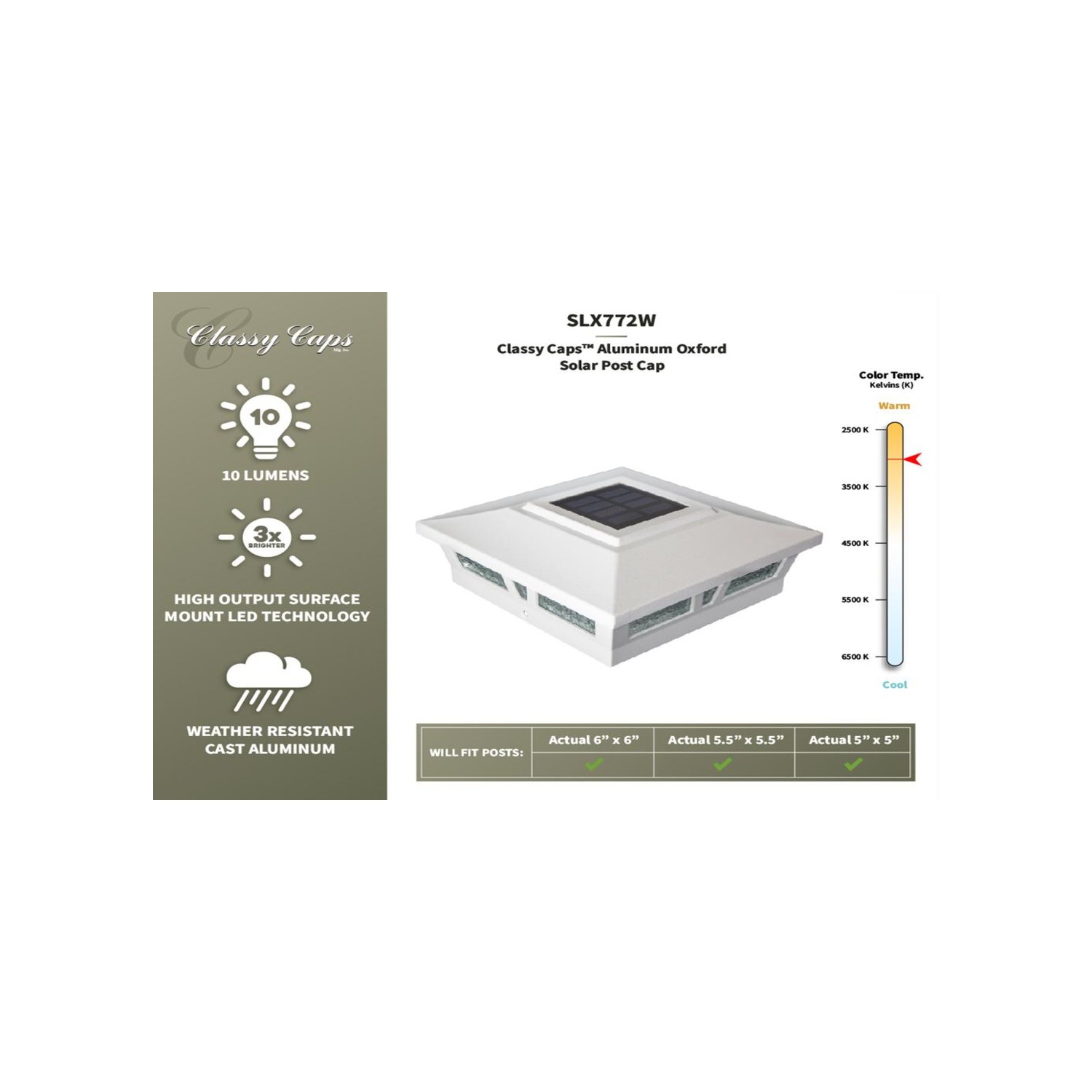 Classy Caps 6x6 White Aluminum Oxford Solar Post Cap SLX772W