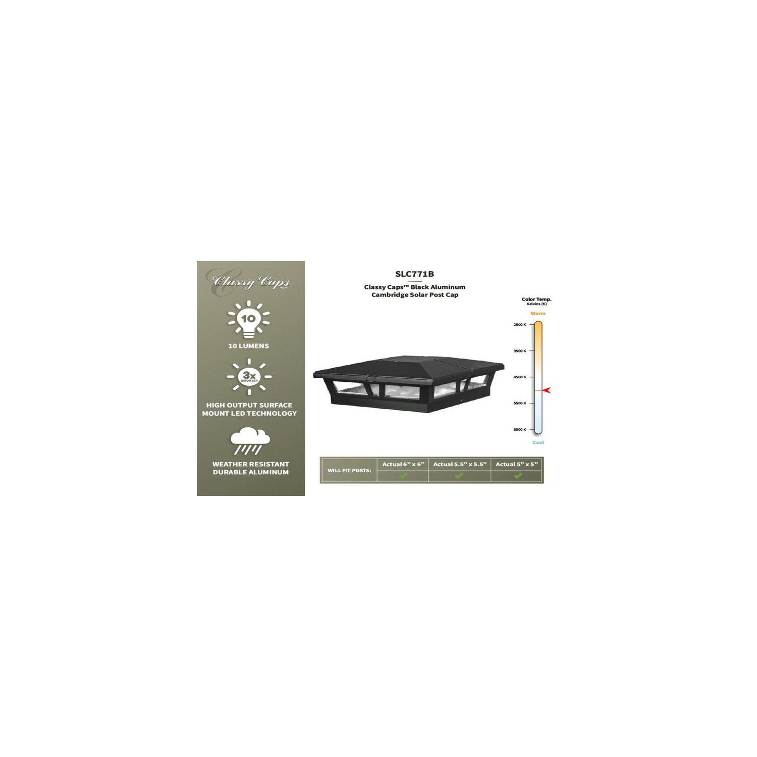Classy Caps 6x6 Black Aluminum Cambridge Solar Post Cap SLC771B