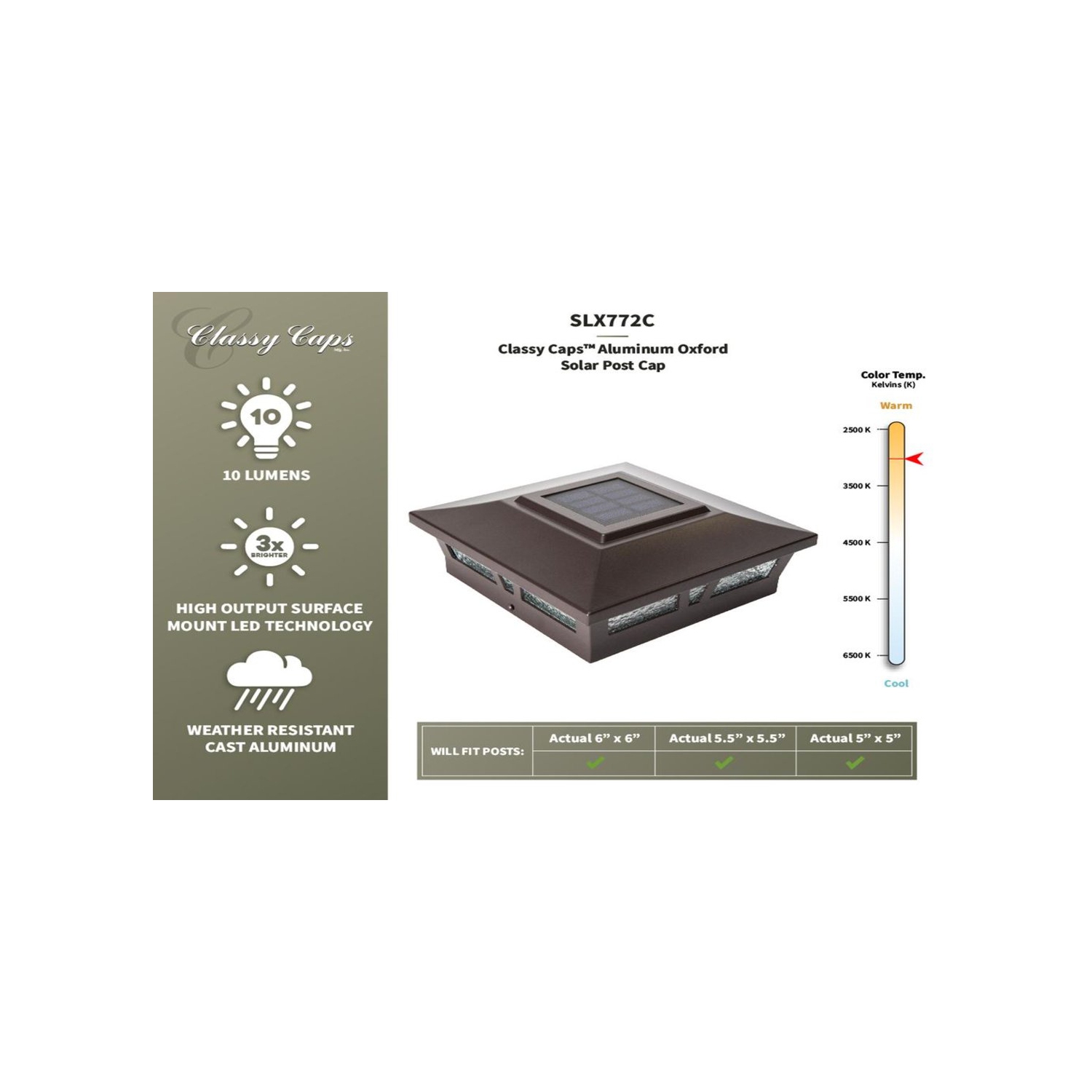 Classy Caps 6x6 Brown Aluminum Oxford Solar Post Cap SLX772C