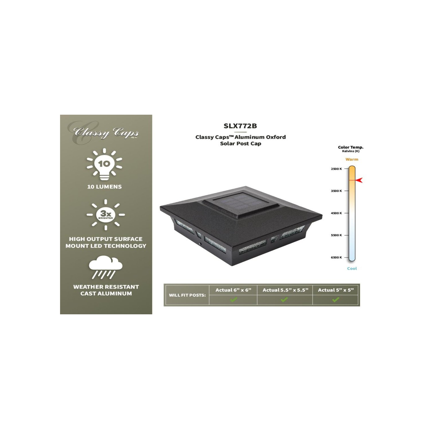 Classy Caps 6x6 Black Aluminum Oxford Solar Post Cap SLX772B