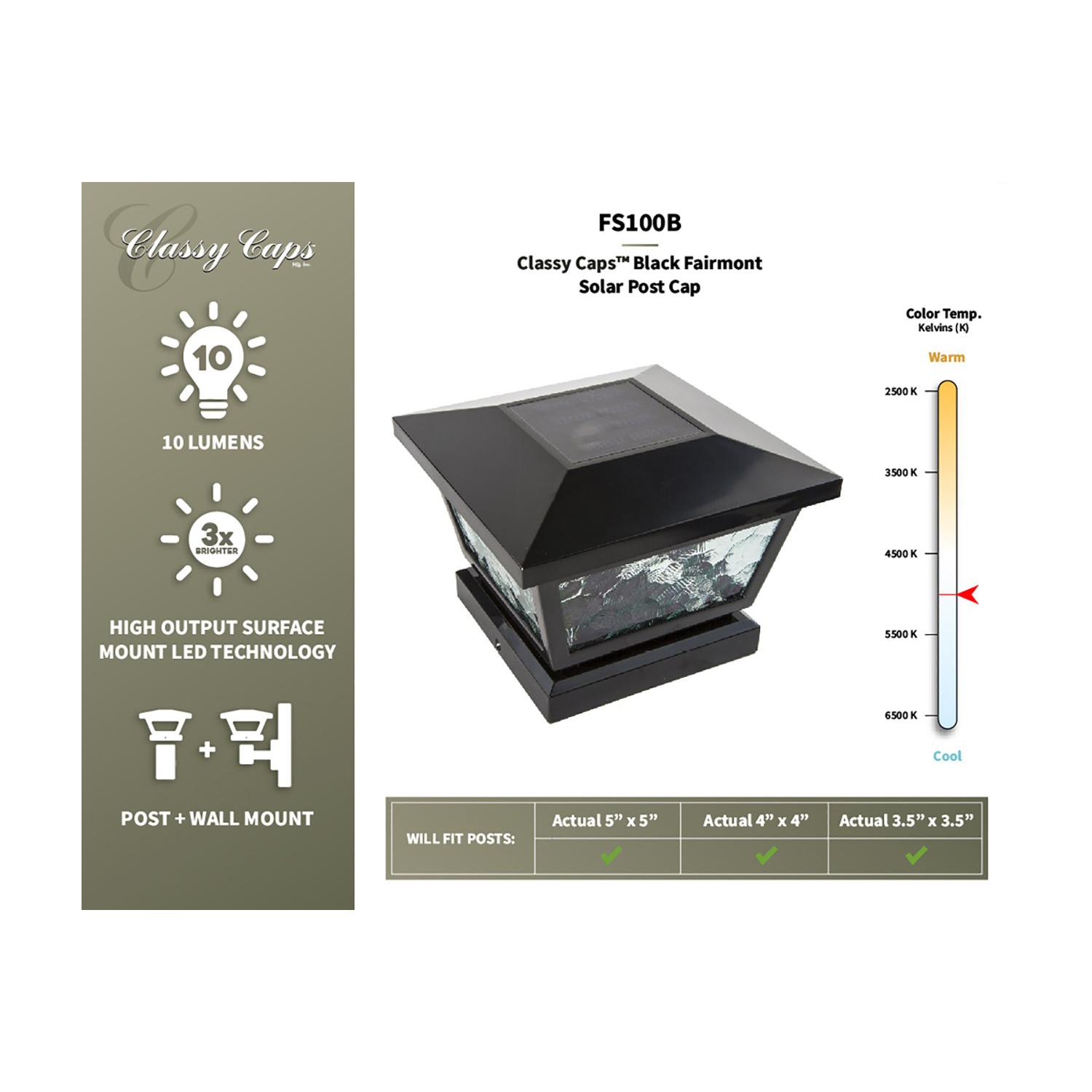 Classy Caps 5x5-4x4-3.5x3.5 Black Fairmont Solar Post Cap FS100B