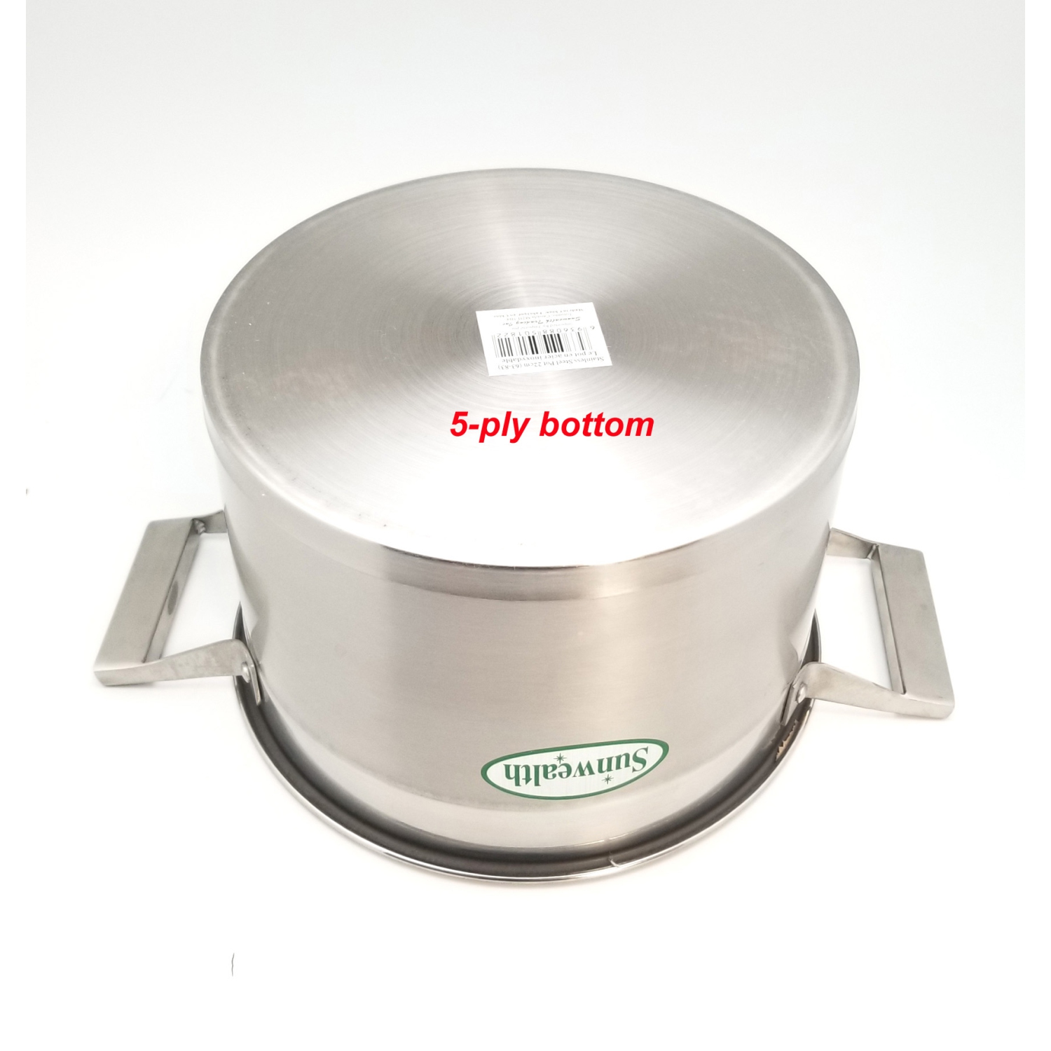 Sunwealth 5-ply bottom 5.9 quart heavy duty stainless steel soup pot with glass lid.