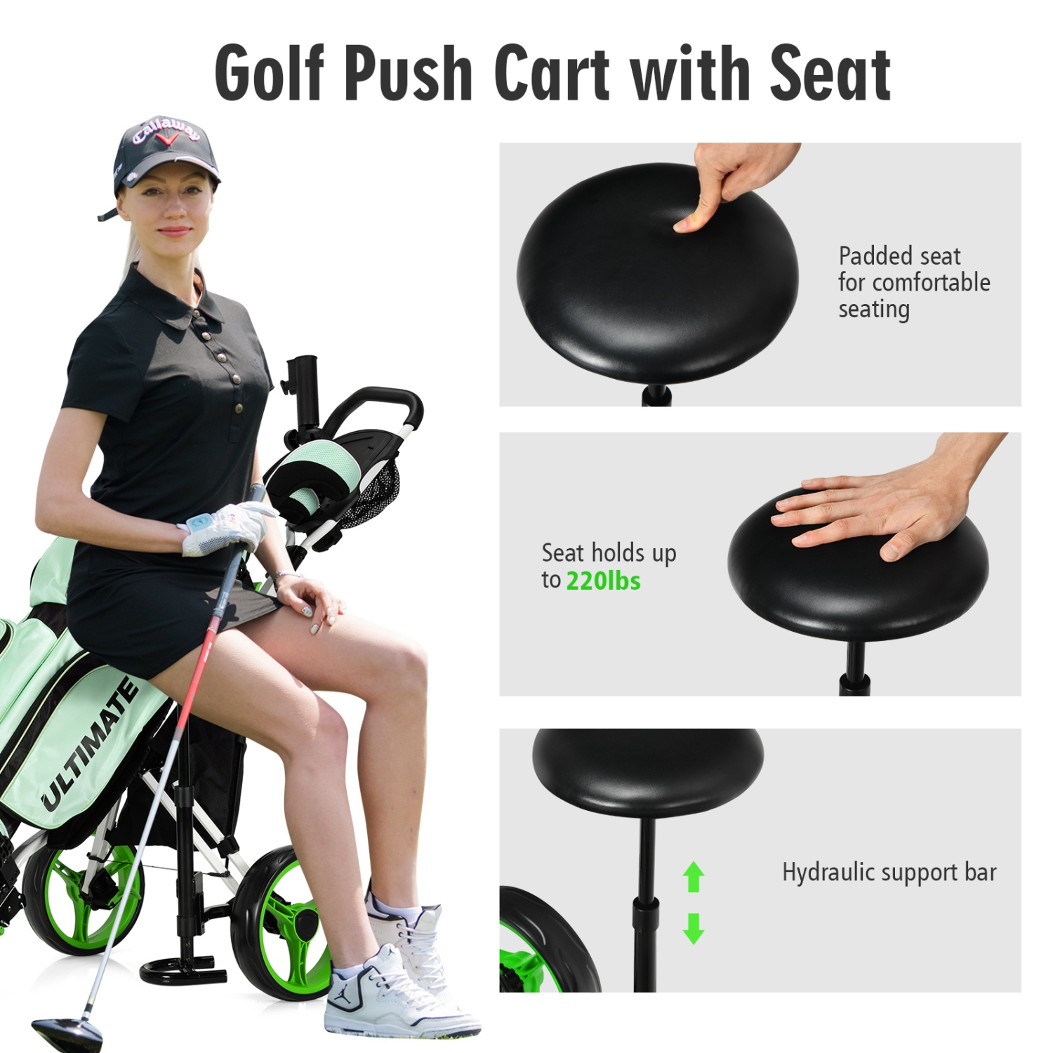 Goplus Folding 3 Wheels Golf Push Cart W/Seat Scoreboard Adjustable Handle