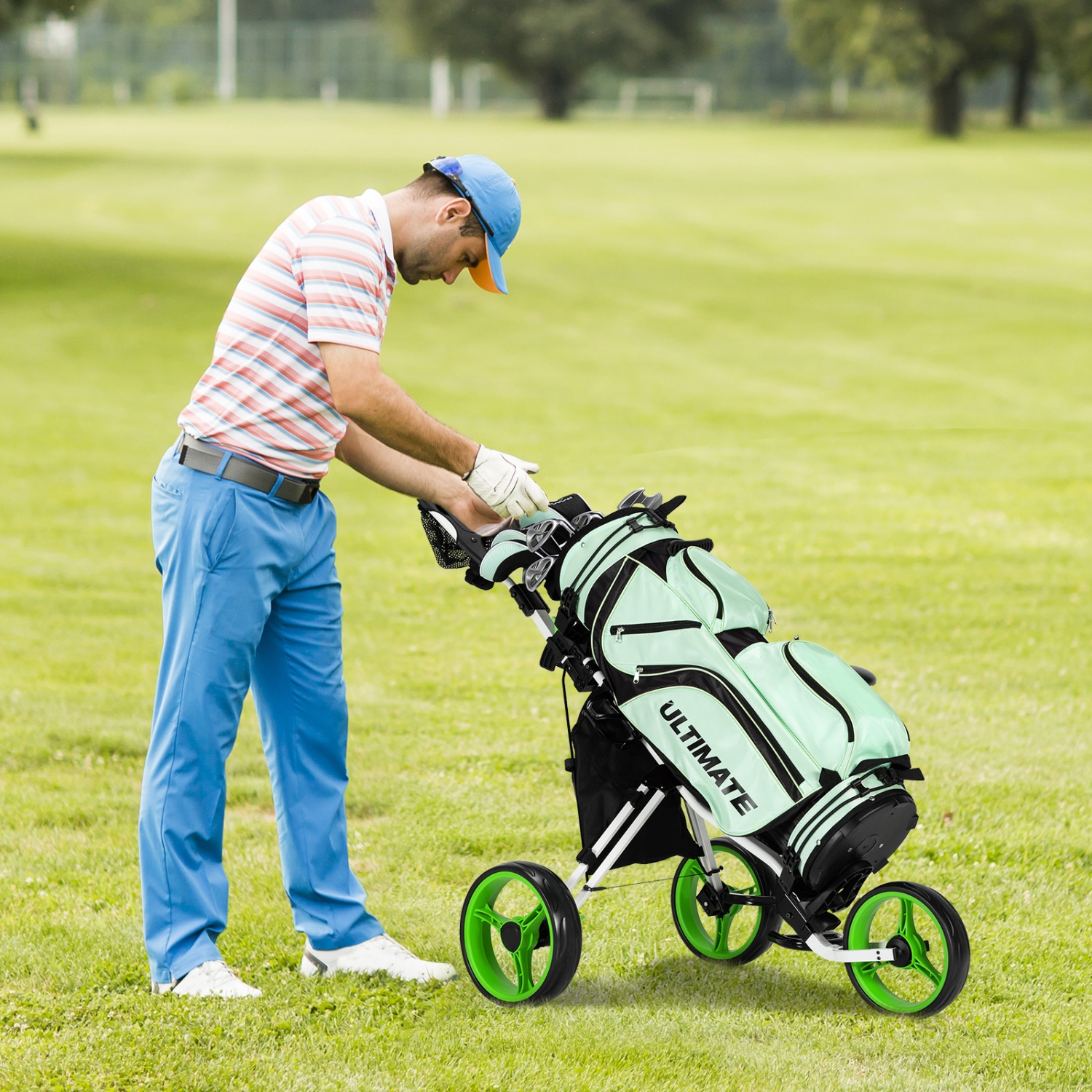 Goplus Folding 3 Wheels Golf Push Cart W/Seat Scoreboard Adjustable Handle