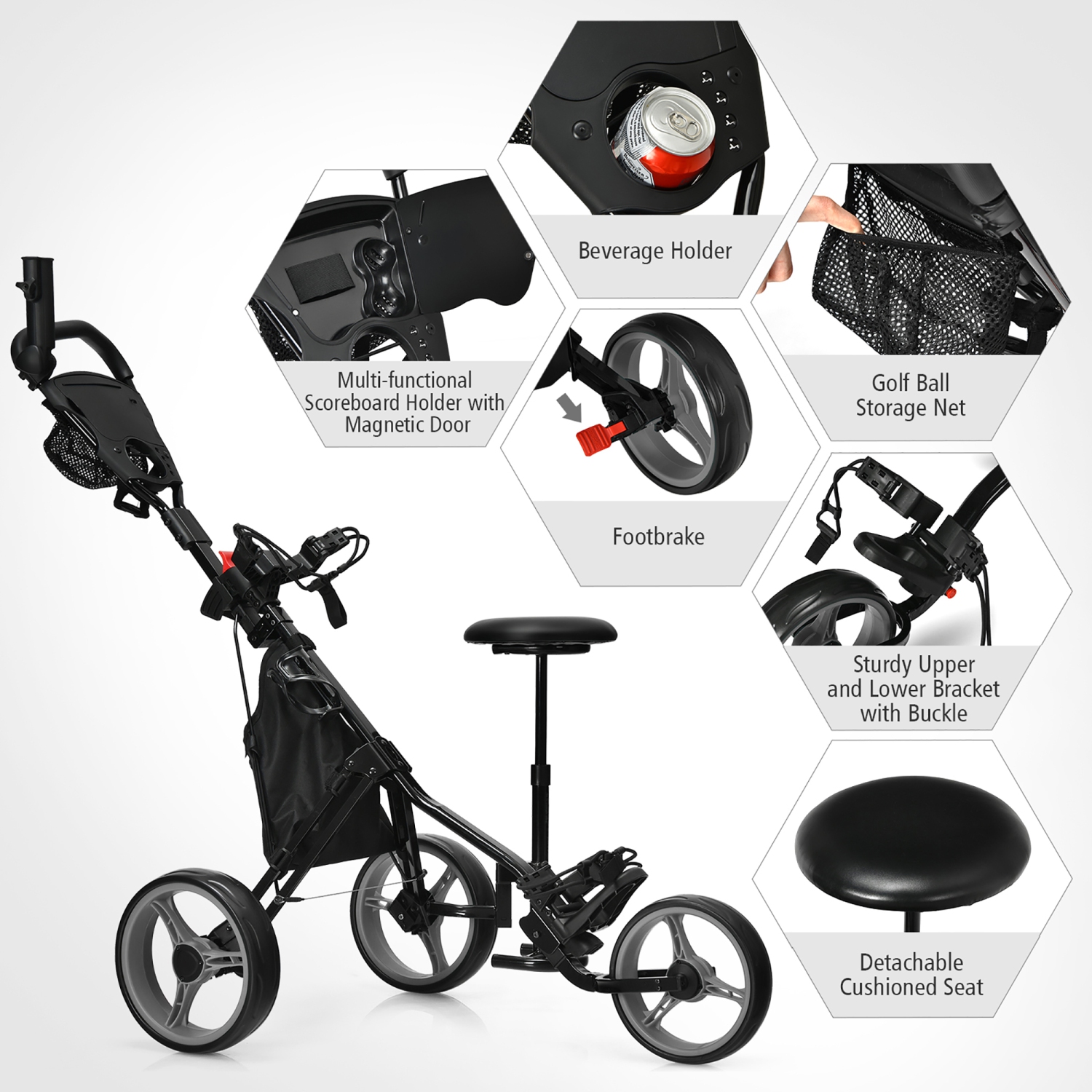 Goplus Folding 3 Wheels Golf Push Cart W/Seat Scoreboard Adjustable Handle