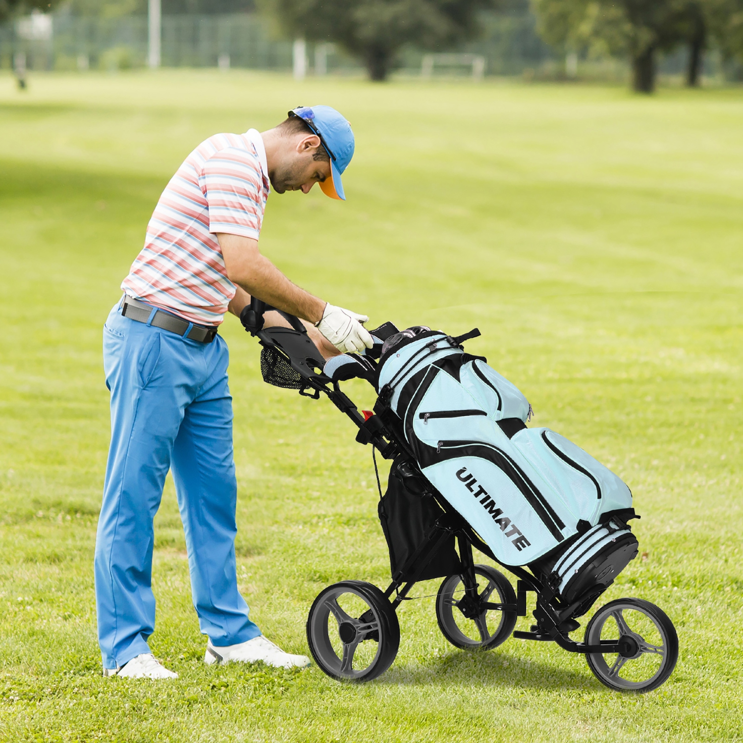 Goplus Folding 3 Wheels Golf Push Cart W/Seat Scoreboard Adjustable Handle