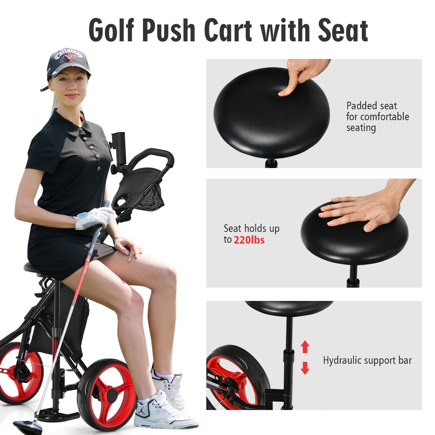 Goplus Folding 3 Wheels Golf Push Cart W/Seat Scoreboard Adjustable Handle