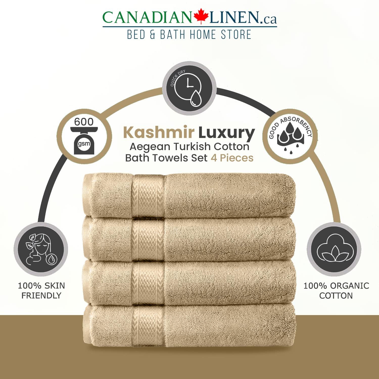 Canadian Linen Luxury Beige Bath Towel Set, 4 Pieces Bathroom Towels 27"x54" Soft Absorbent 600 GSM Turkish Cotton Towel Quick Dry Hair Towels Fade