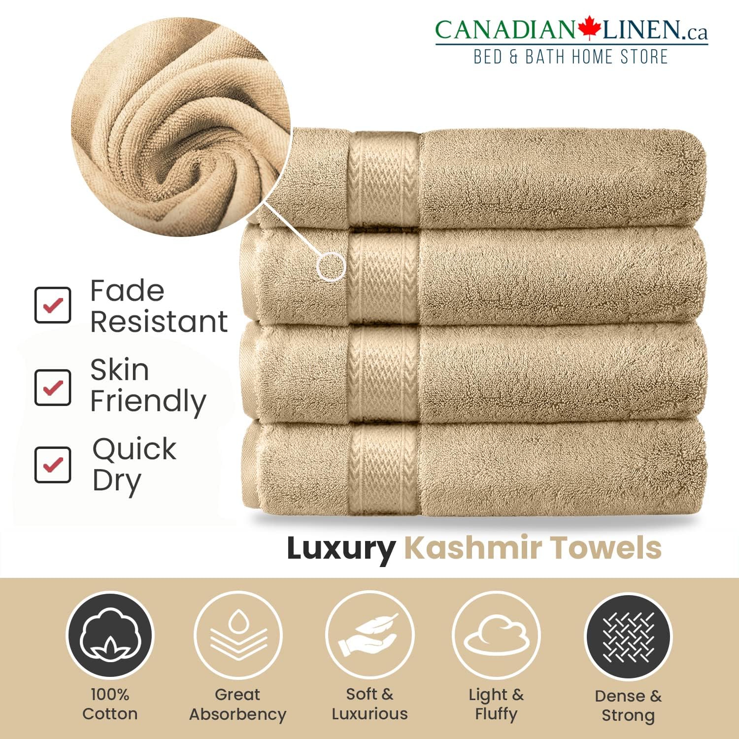 Canadian Linen Luxury Beige Bath Towel Set, 4 Pieces Bathroom Towels 27"x54" Soft Absorbent 600 GSM Turkish Cotton Towel Quick Dry Hair Towels Fade
