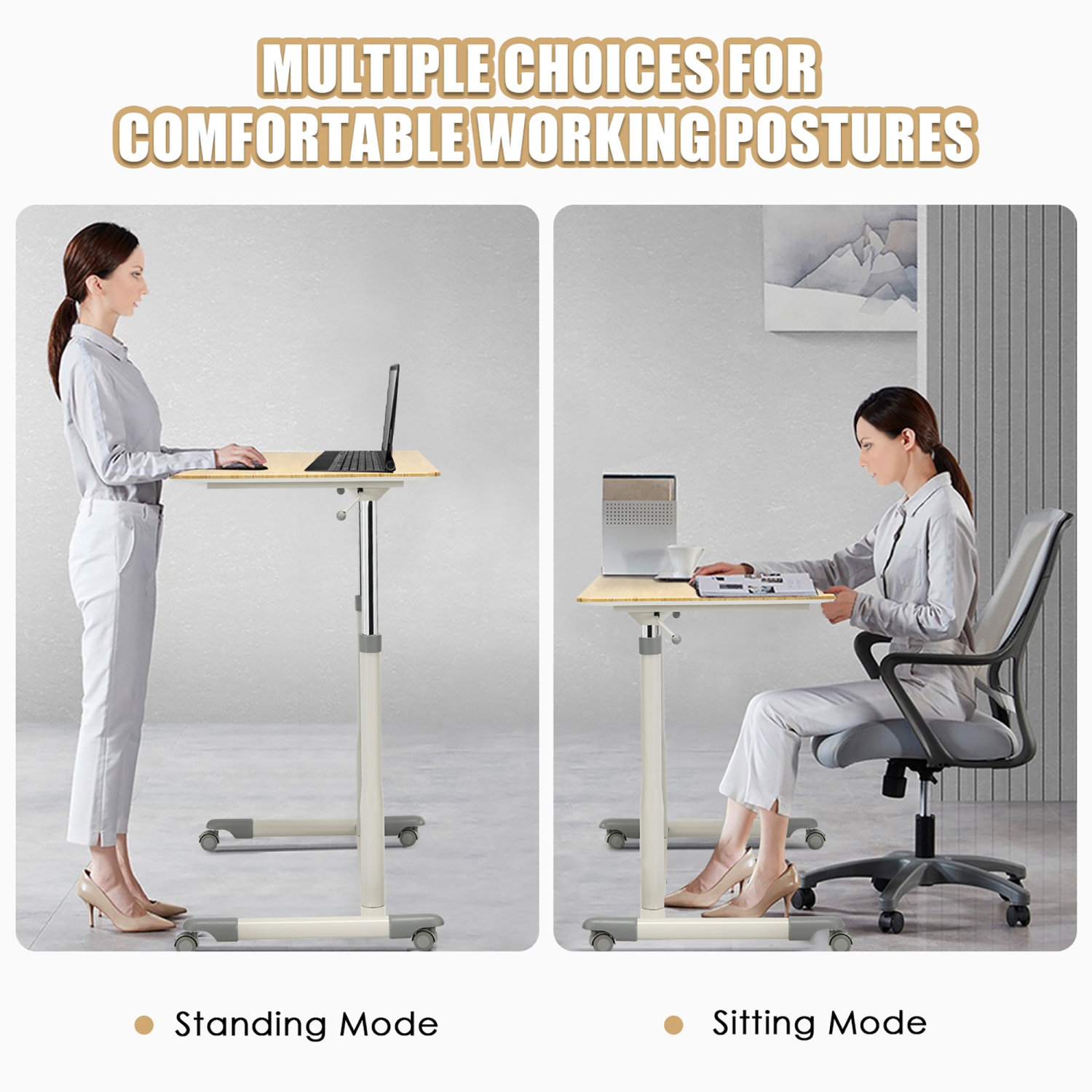 Goplus Height Adjustable Computer Desk Sit Stand Rolling Notebook Table