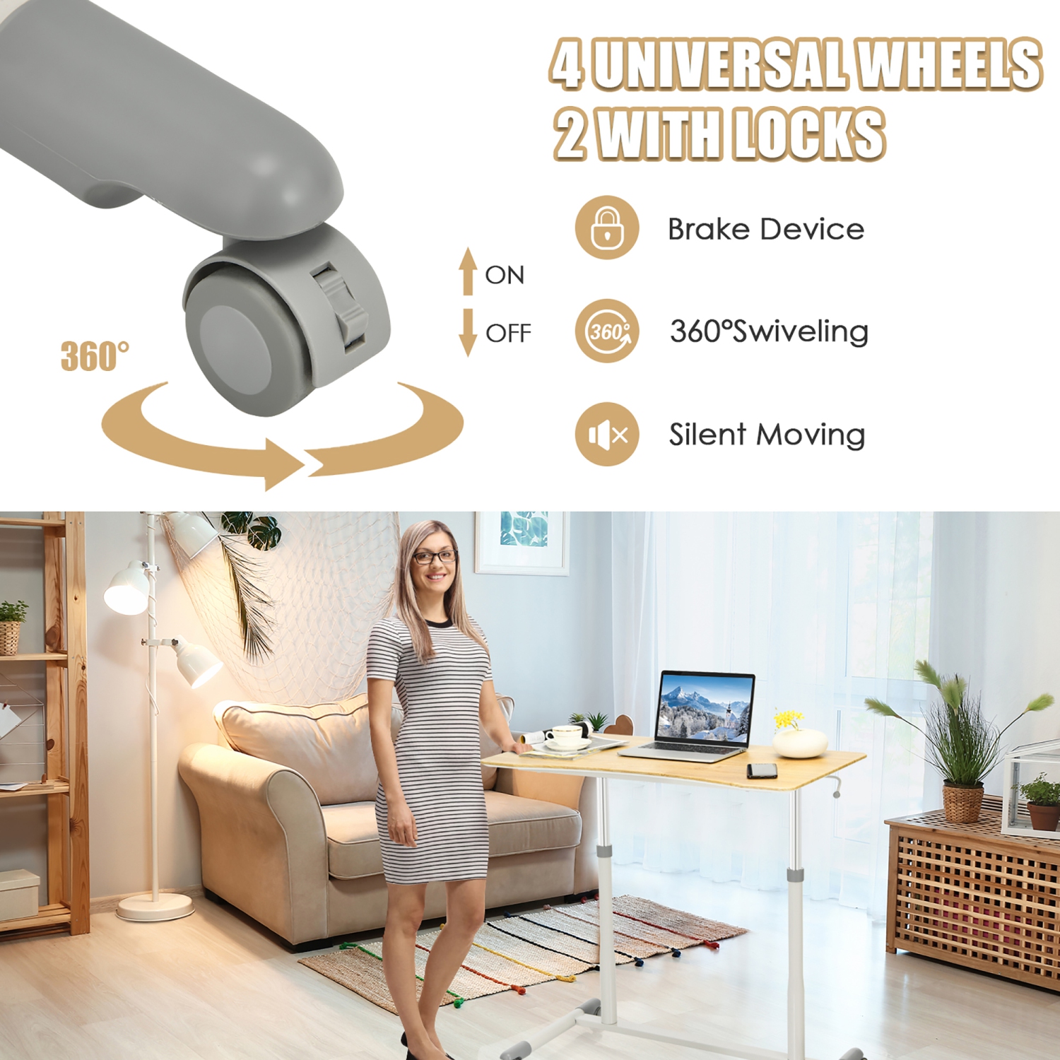 Goplus Height Adjustable Computer Desk Sit Stand Rolling Notebook Table