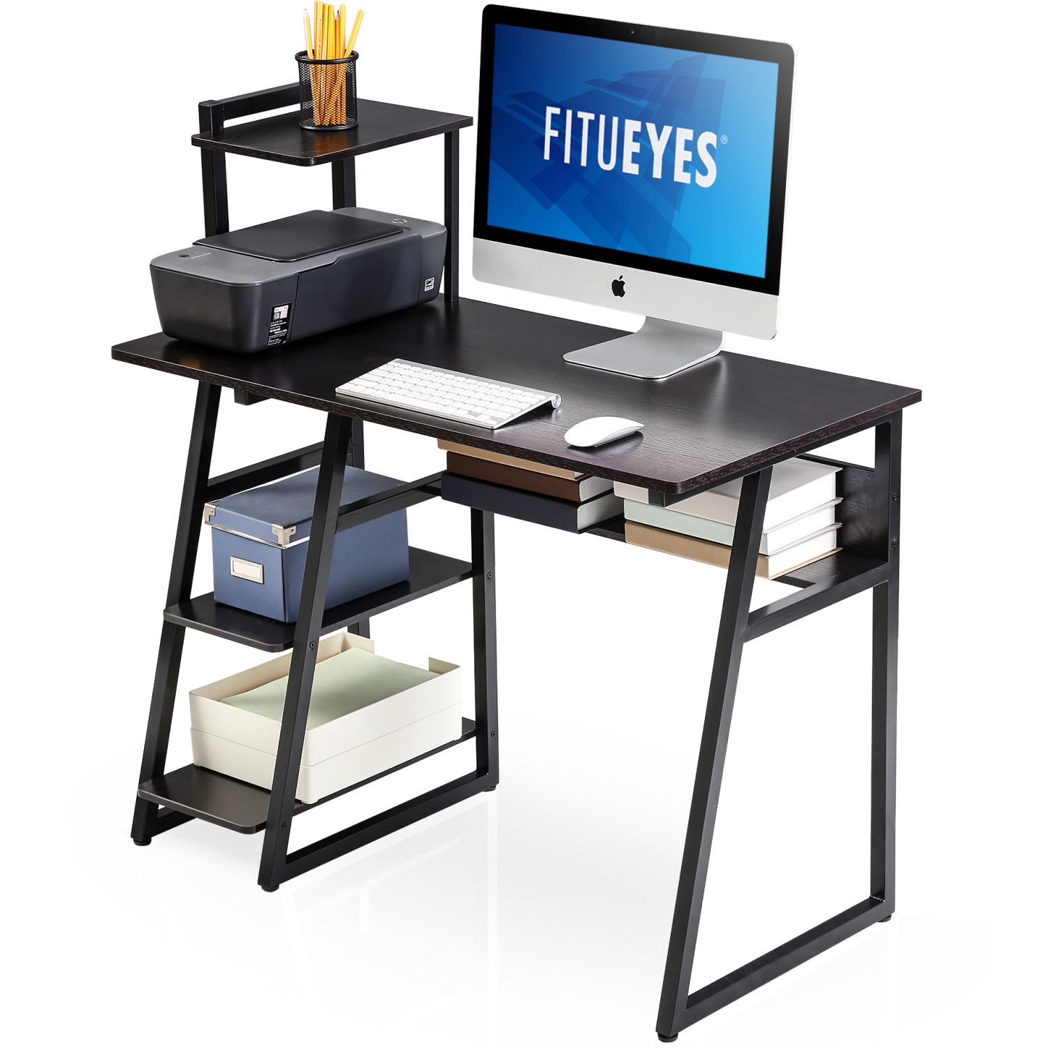 FITUEYES Computer Desk Study Workstation Office Table with Storage Shelves, Writing Table with Tower Shelf for Home Office,CD210301WB (Black)