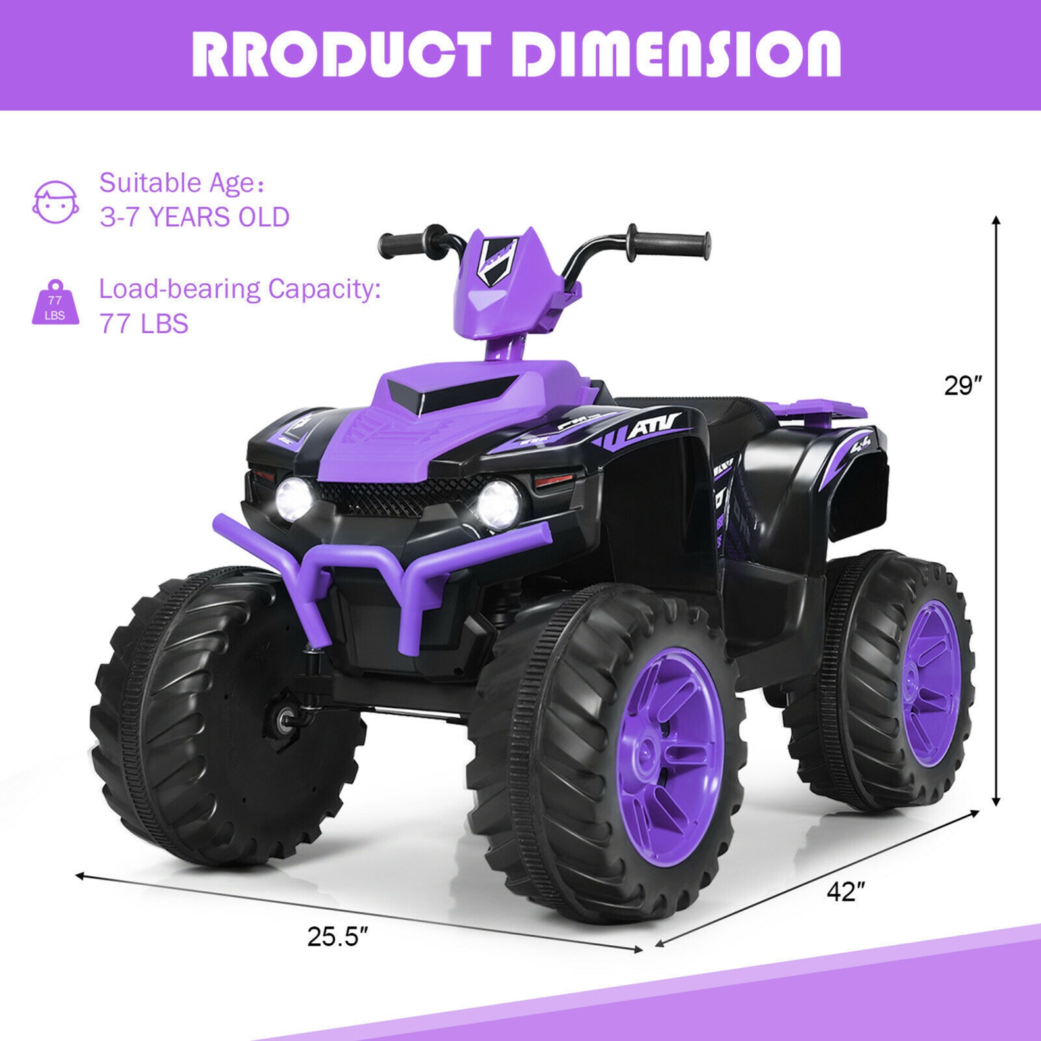 Gymax 12V Electric Kids Ride On Car ATV 4-Wheeler Quad w/ Music LED Light Purple