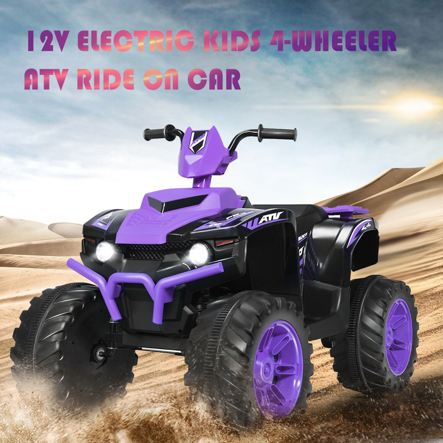 Gymax 12V Electric Kids Ride On Car ATV 4-Wheeler Quad w/ Music LED Light Purple