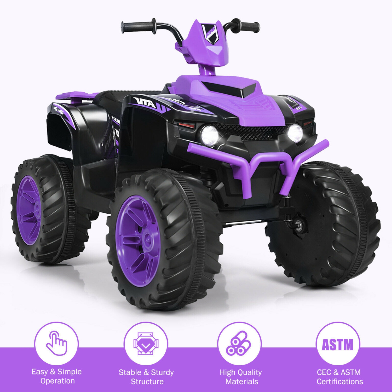 Gymax 12V Electric Kids Ride On Car ATV 4-Wheeler Quad w/ Music LED Light Purple