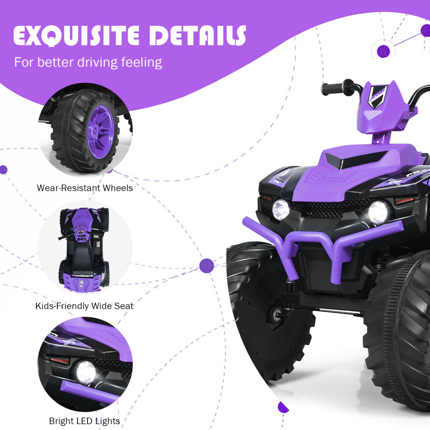 Gymax 12V Electric Kids Ride On Car ATV 4-Wheeler Quad w/ Music LED Light Purple