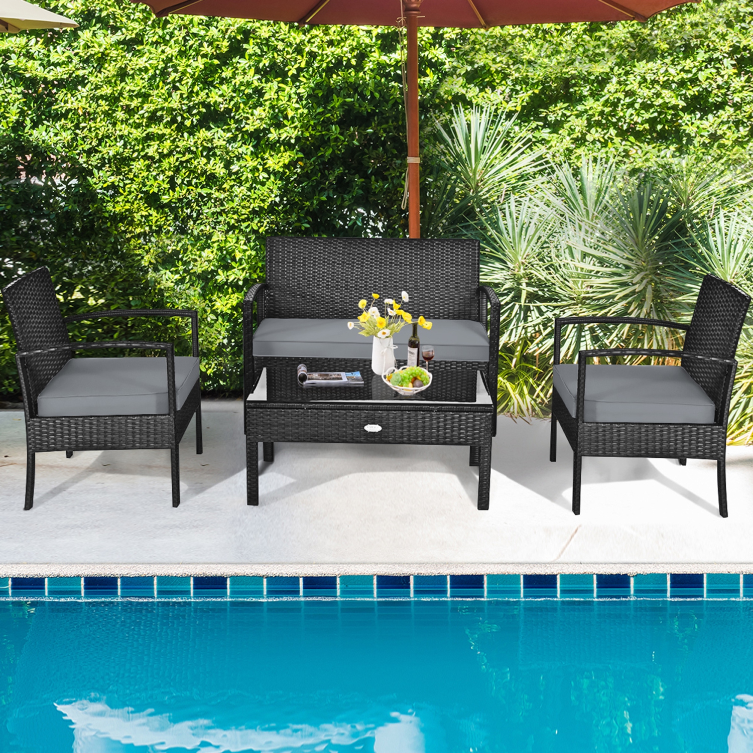 Gymax Patio Garden 4PC Rattan Wicker Furniture Set Black