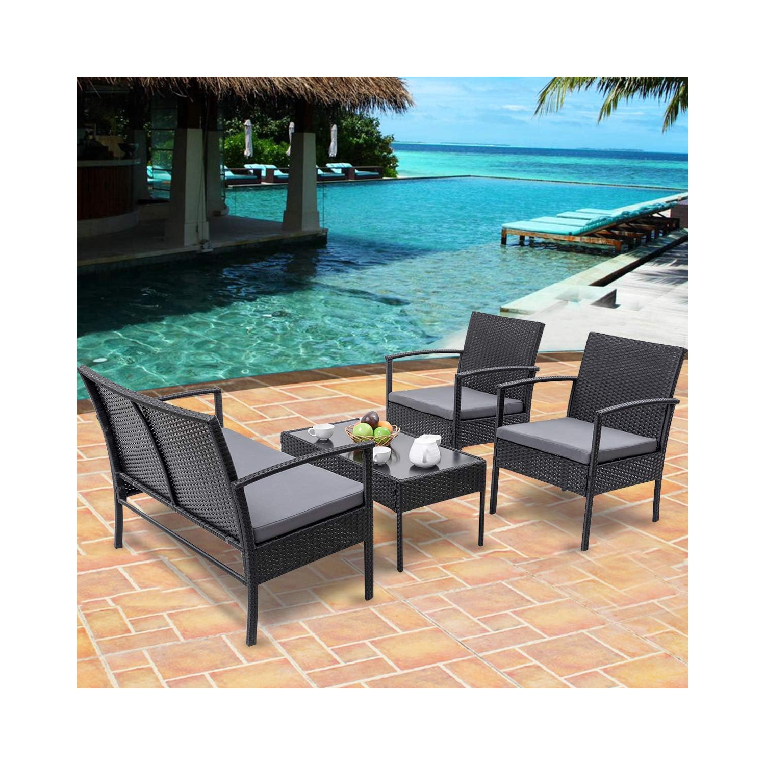 Gymax Patio Garden 4PC Rattan Wicker Furniture Set Black