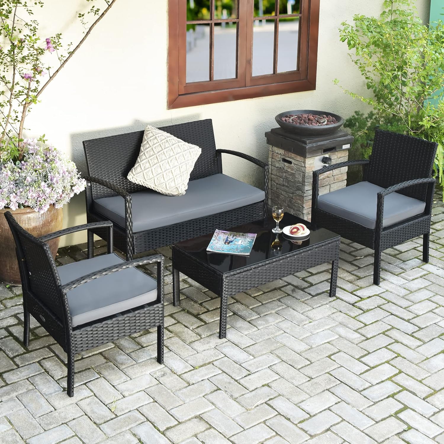 Gymax Patio Garden 4PC Rattan Wicker Furniture Set Black
